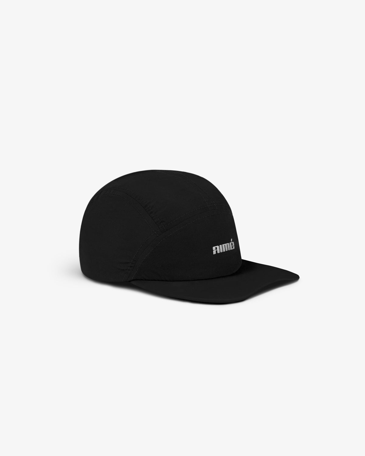 Aimé Performance Sport Hat in black with curved brim and small white front logo, shown on plain white background.