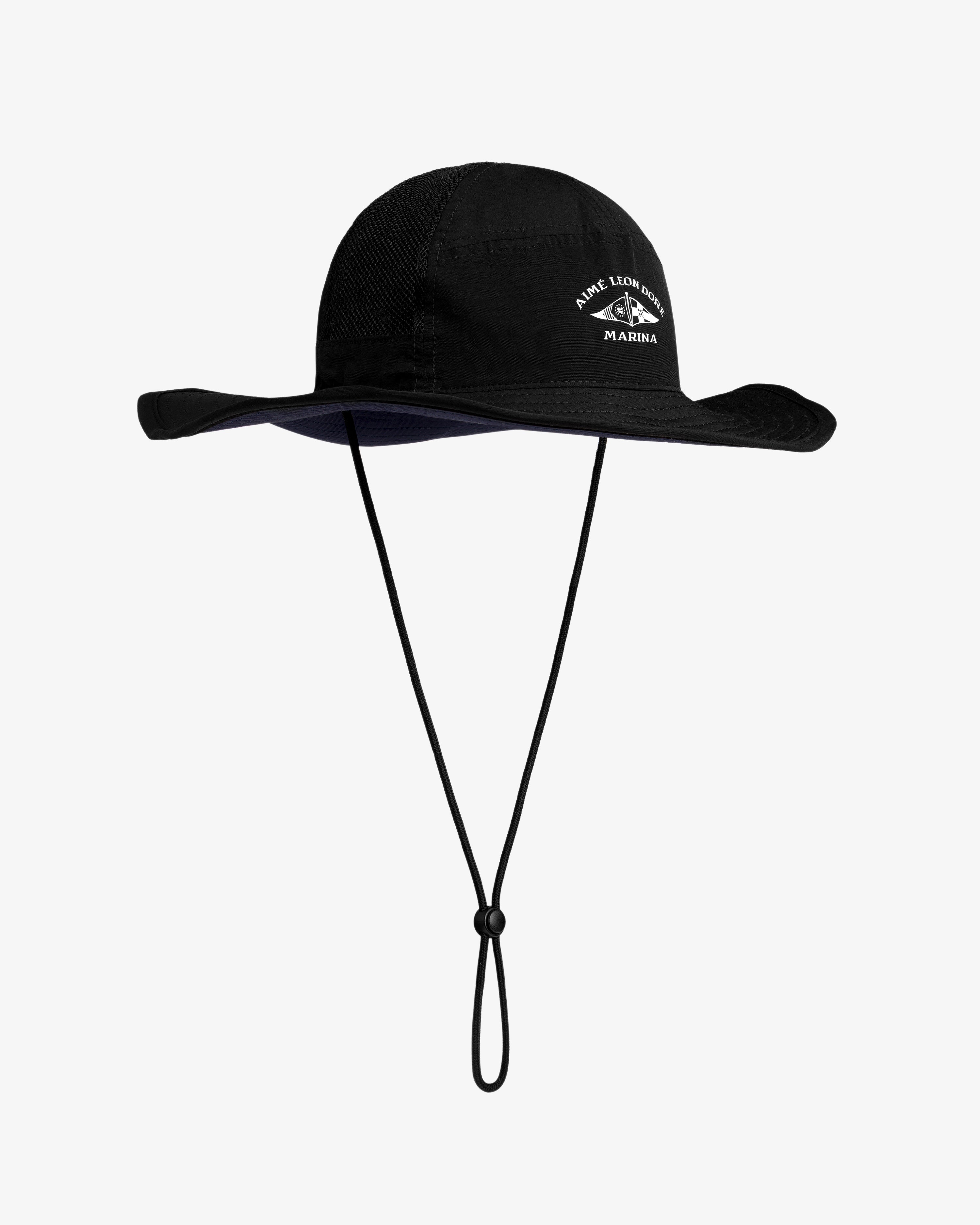 Marina Boonie Bucket Hat with wide brim, chin strap, and white embroidered logo, shown on a white background.