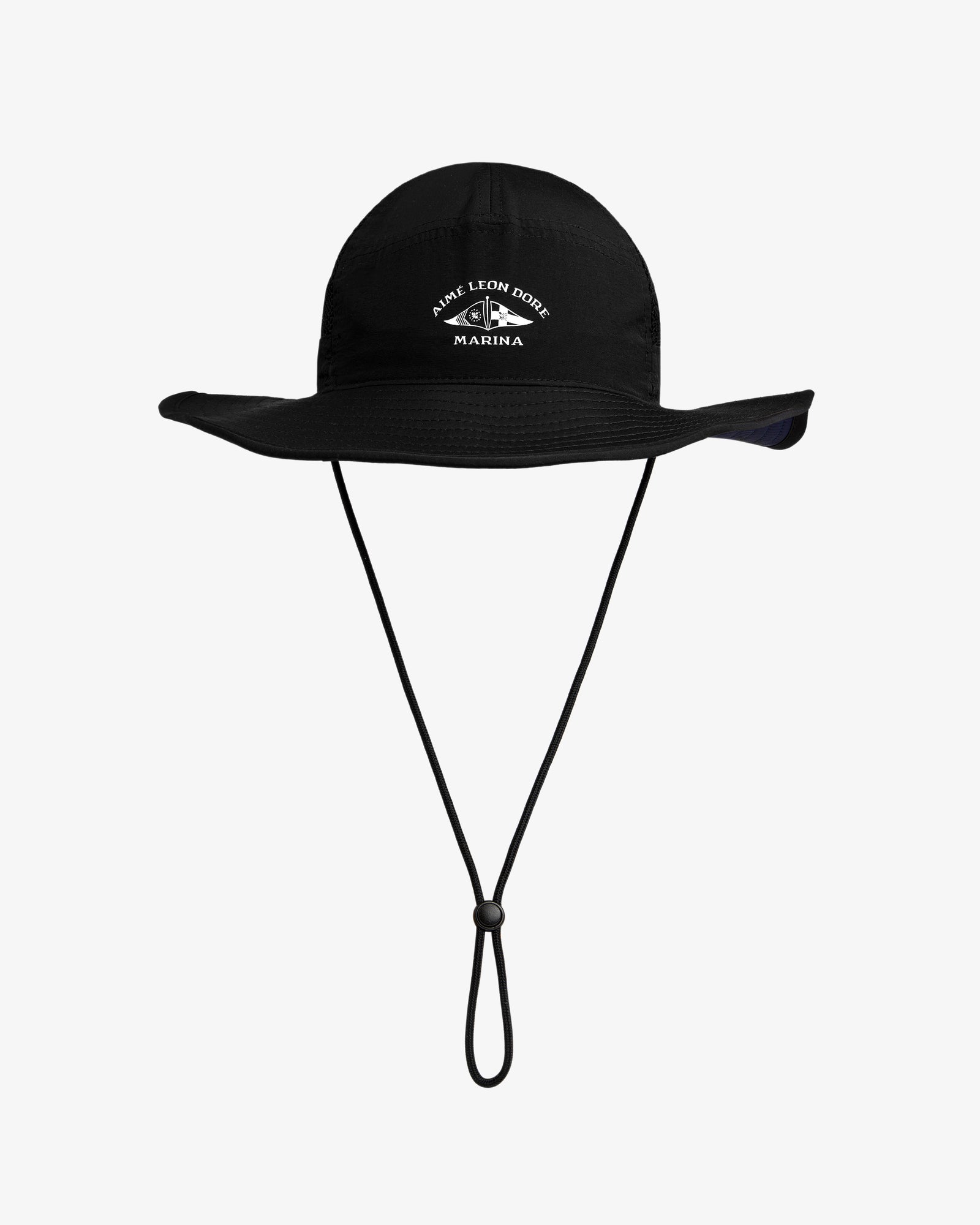 Marina Boonie Bucket Hat: black wide-brim with chin strap, white embroidered text and graphic on front, shown on white background.