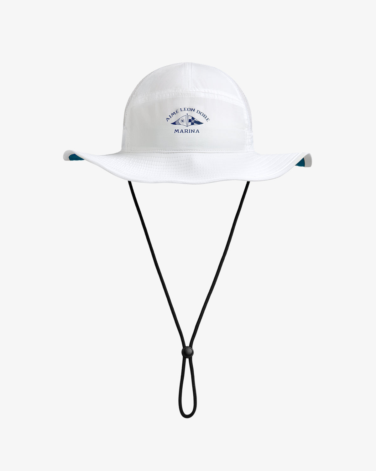 Marina Boonie Bucket Hat: white, wide-brim with chin strap and blue Marina logo on front, shown on plain background.