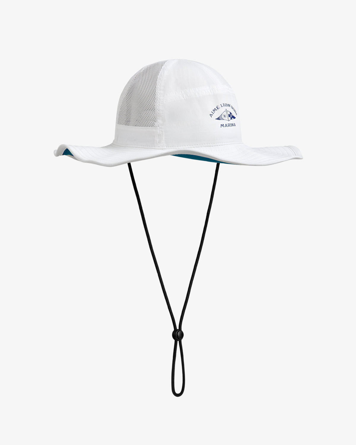 Marina Boonie Bucket Hat: White wide-brim with mesh panels, chin strap, and "Nine Lives Adventure Miami" logo.
