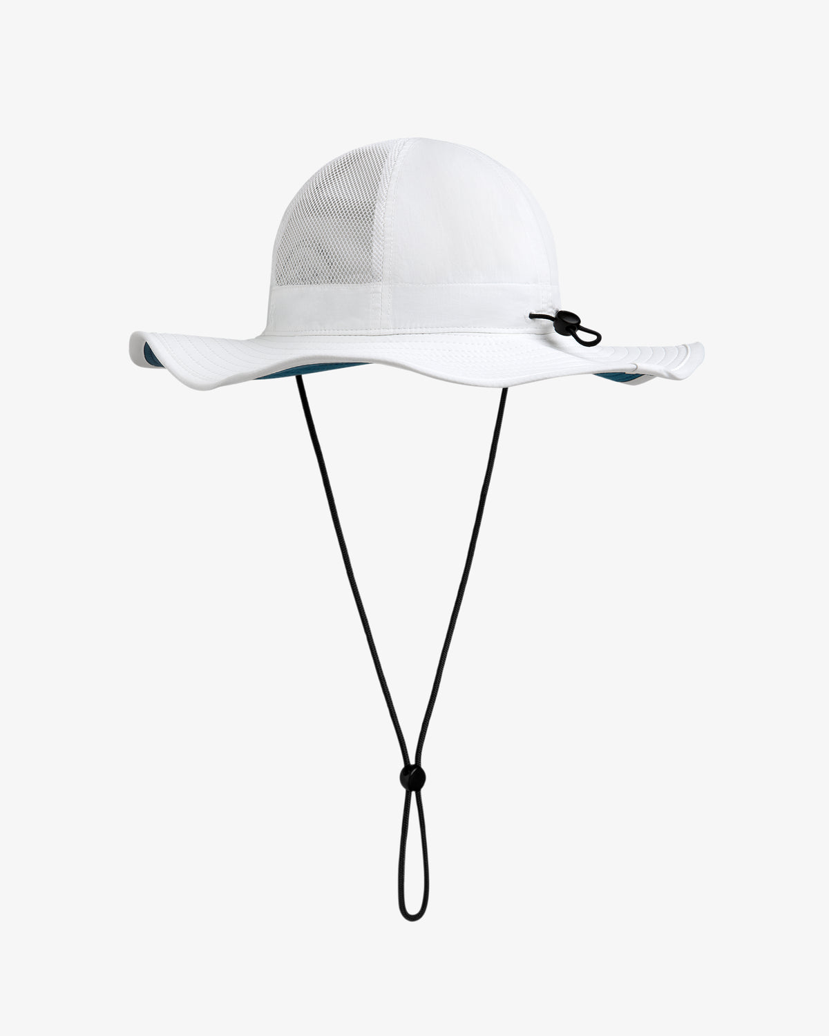 Marina Boonie Bucket Hat: white wide-brim hat with mesh panels and an adjustable black chin strap on a white background.