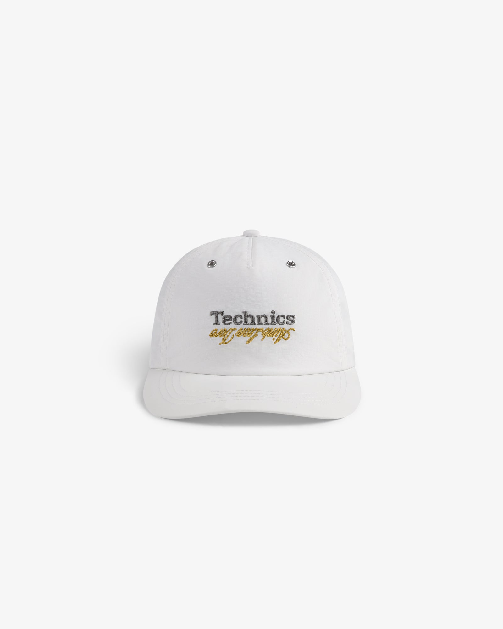 White ALD / Technics Nylon Logo Hat with gray Technics and gold all our yesterdays script on front.