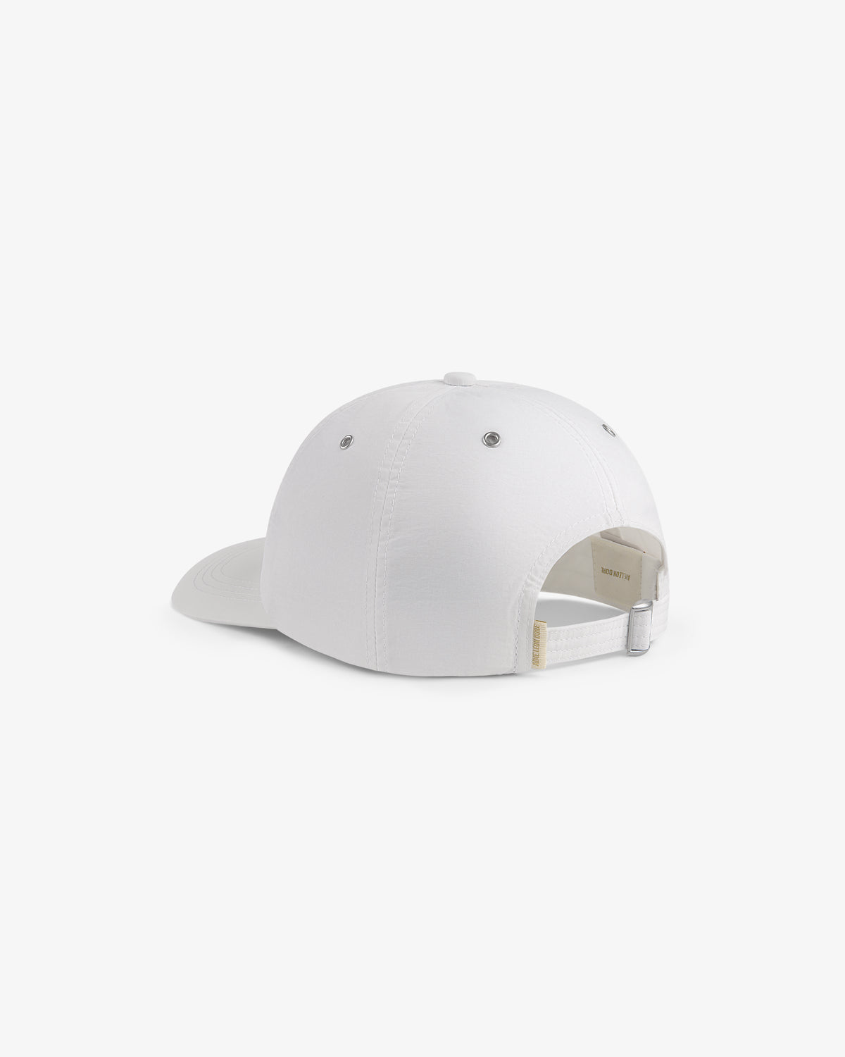 The ALD / Technics Nylon Logo Hat in white, shown from the back with an adjustable strap and silver buckle.