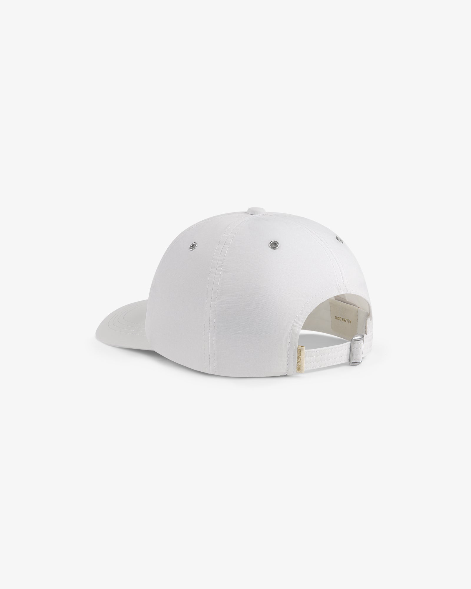 The ALD / Technics Nylon Logo Hat in white, shown from the back with an adjustable strap and silver buckle.