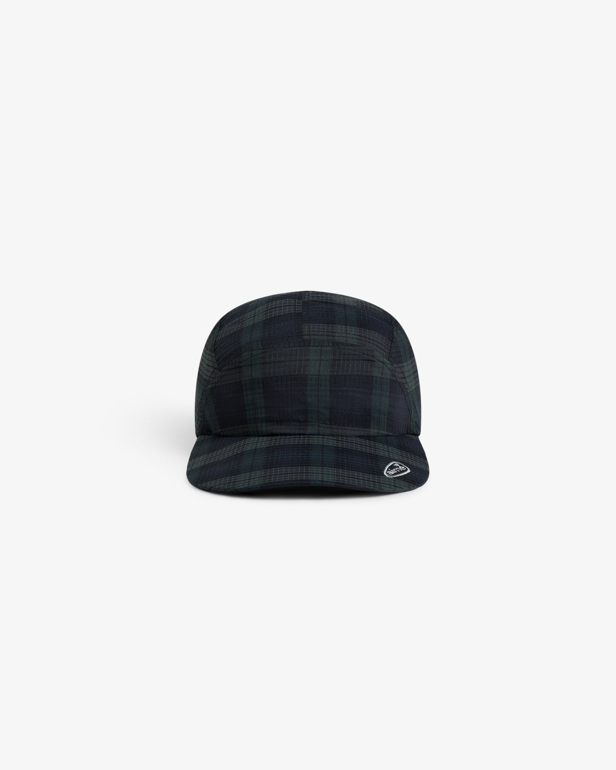 ALD Golf Performance Sport Hat in dark green and black plaid with flat brim, front view on white background.