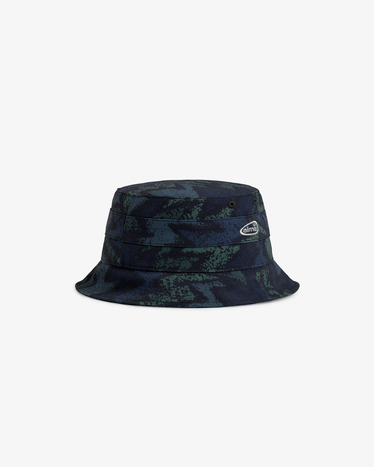 ALD Golf Bucket Hat in dark blue and green camo with a silver oval logo patch, shown on a plain background.