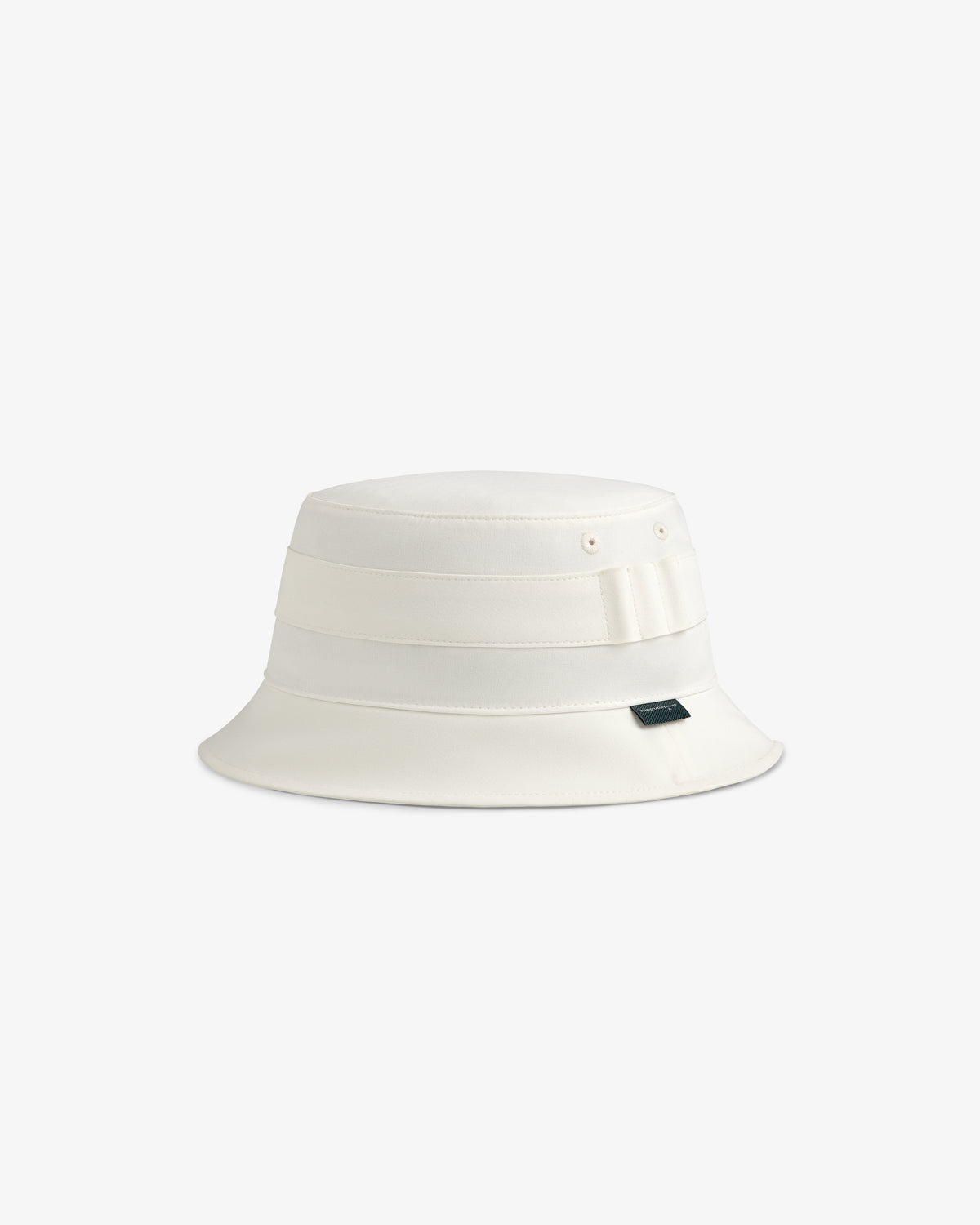 ALD Golf Bucket Hat in white with stitched details, small black tag, and a subtle side bow on a plain background.