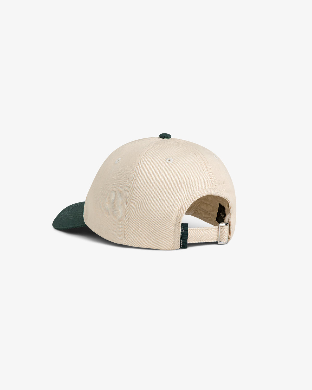 ALD Golf Logo Hat in beige with green brim, shown from the back with adjustable strap and metal clasp.