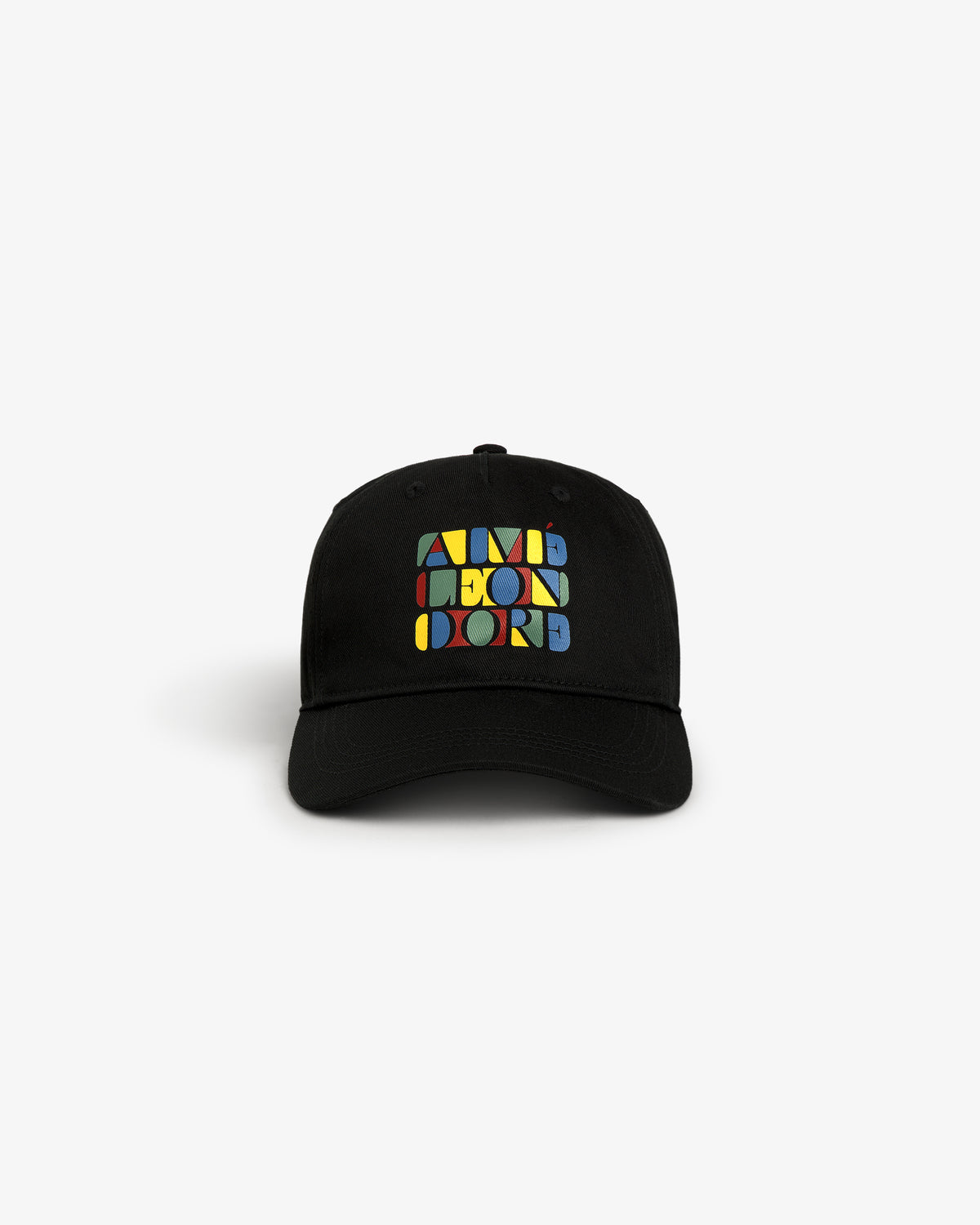 Stacked Logo Hat: black baseball cap with colorful geometric shapes and text on the front, on a white background.
