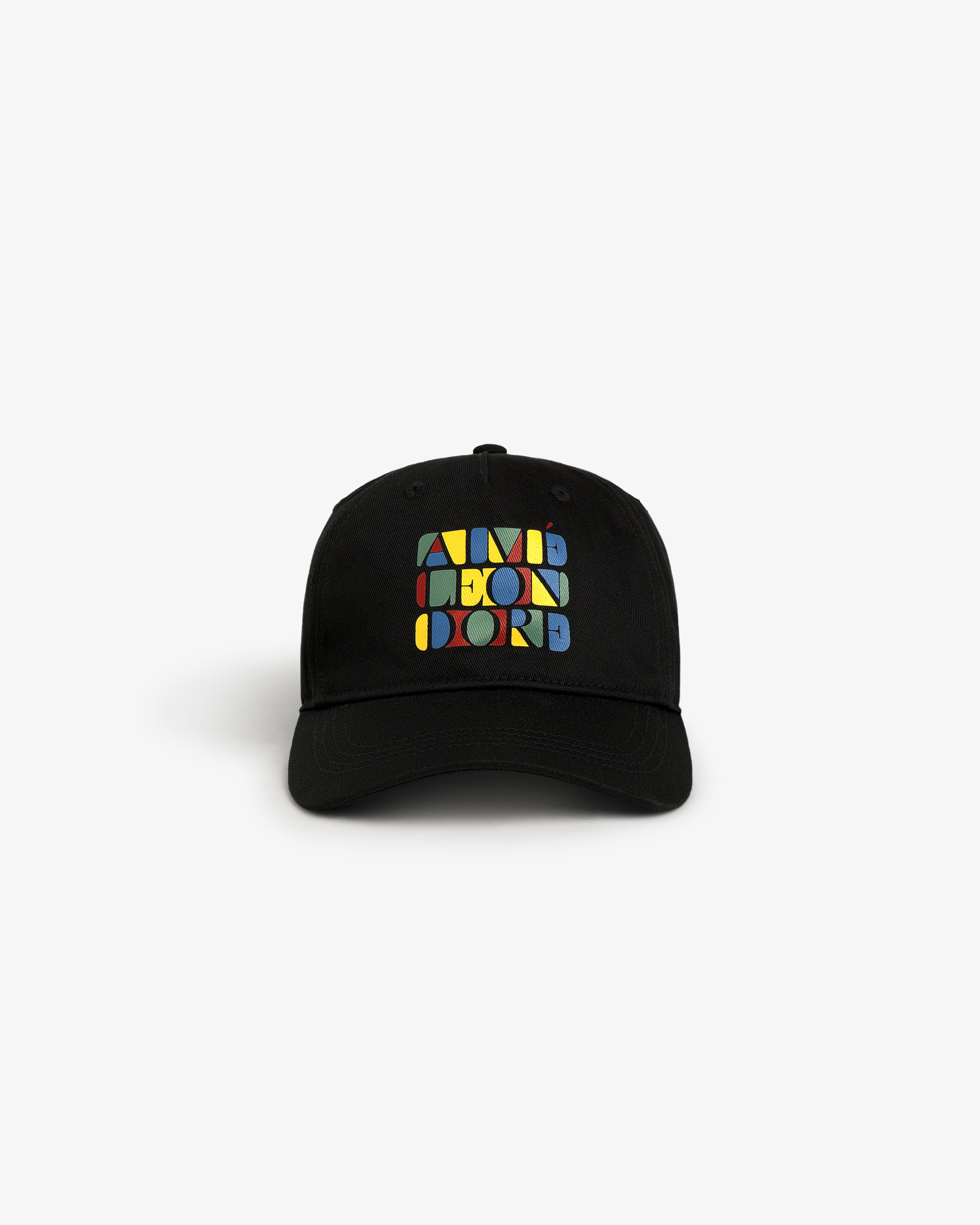 Stacked Logo Hat: black baseball cap with colorful geometric shapes and text on the front, on a white background.