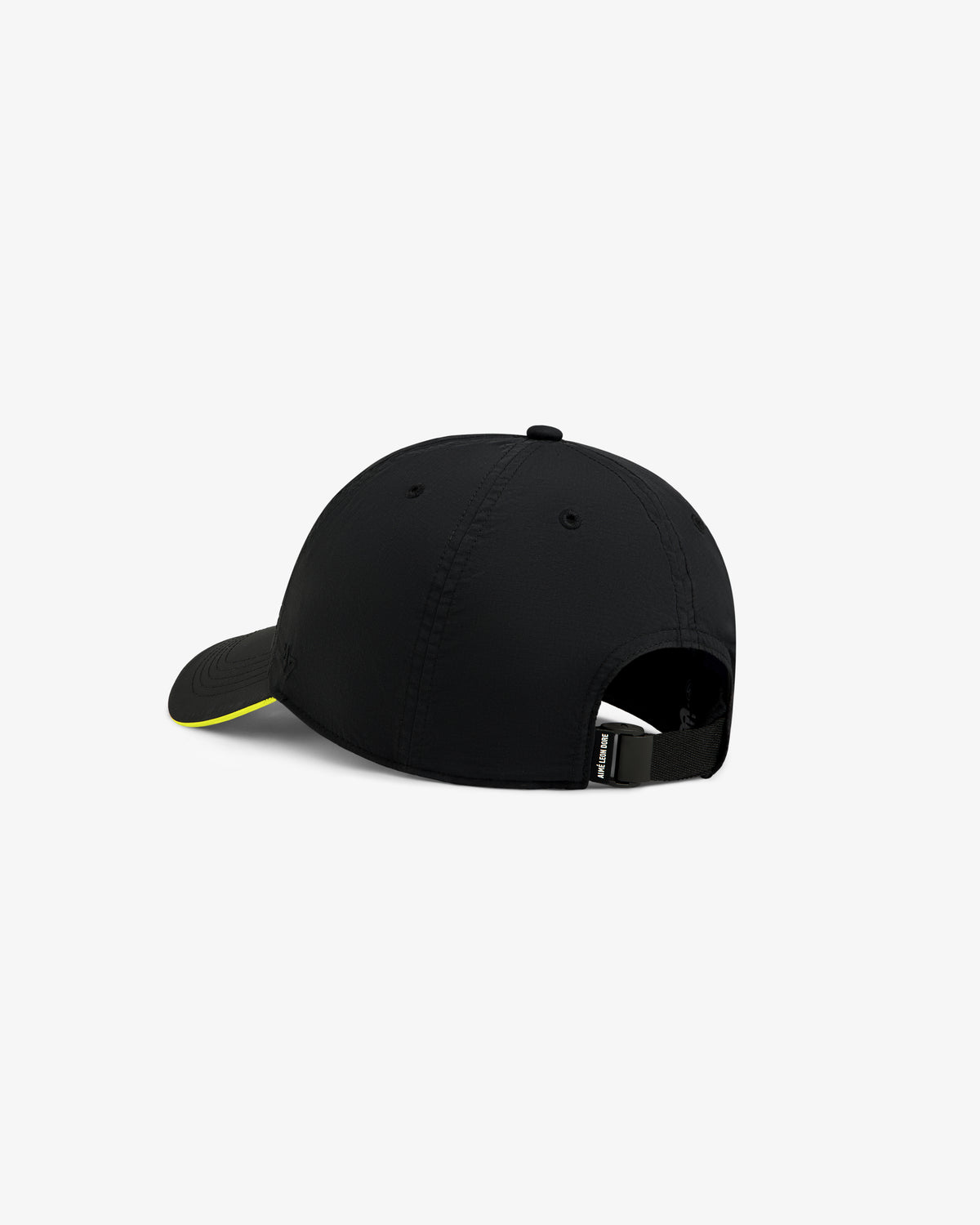 Back view of the ALD / New Balance Running Hat in black with curved brim, yellow edge detail, and adjustable strap.