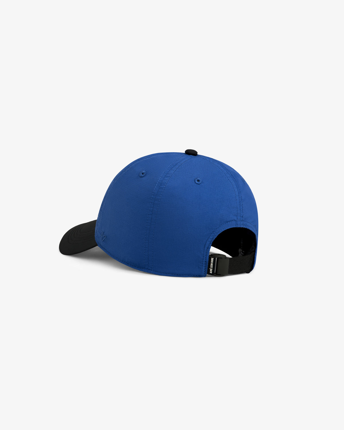 The ALD / New Balance Running Hat in blue with black bill, shown from the back with adjustable strap and buckle.