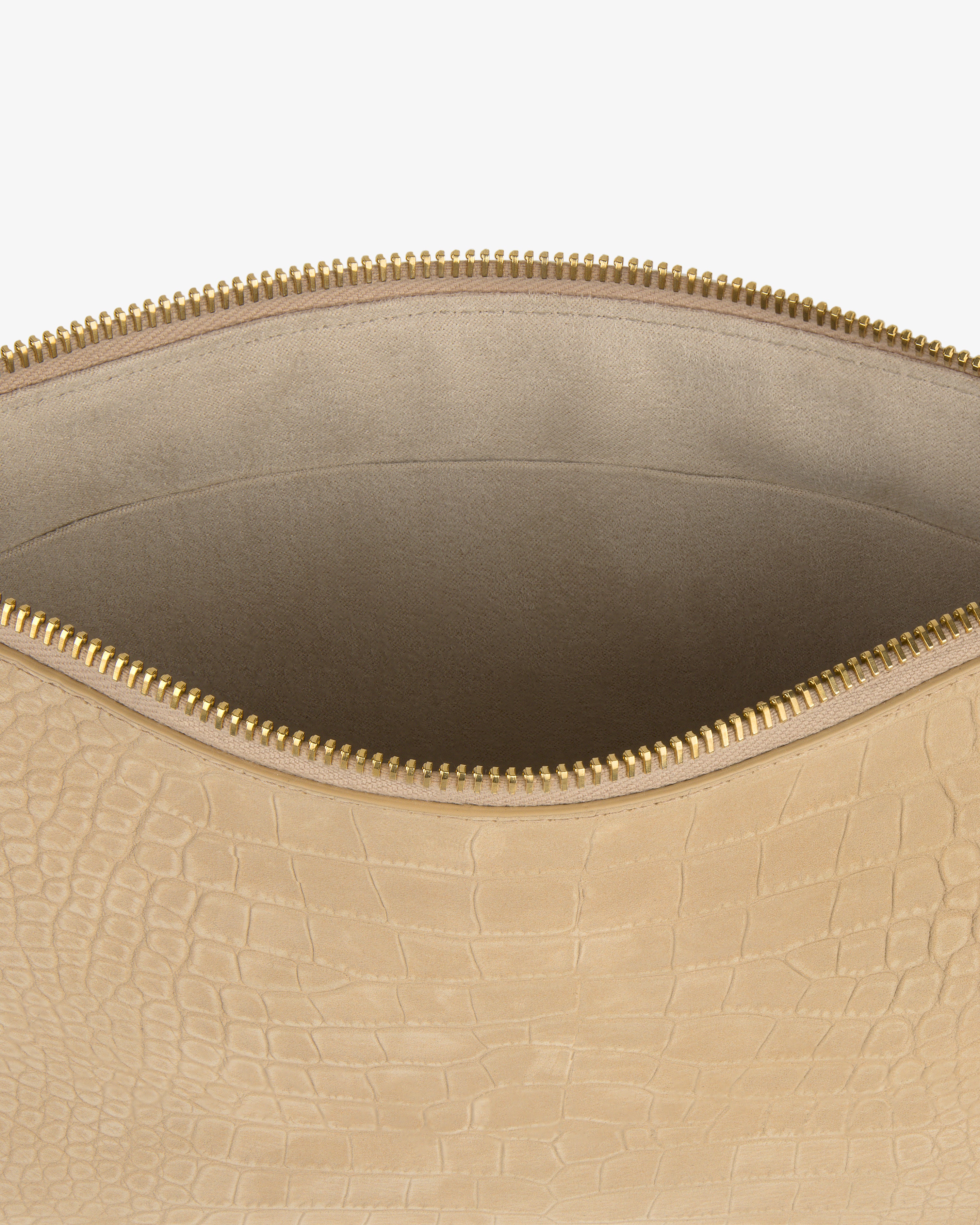 Small Croc-Embossed Nubuck Pouch in beige with gold zipper and soft, suede-like interior shown open.