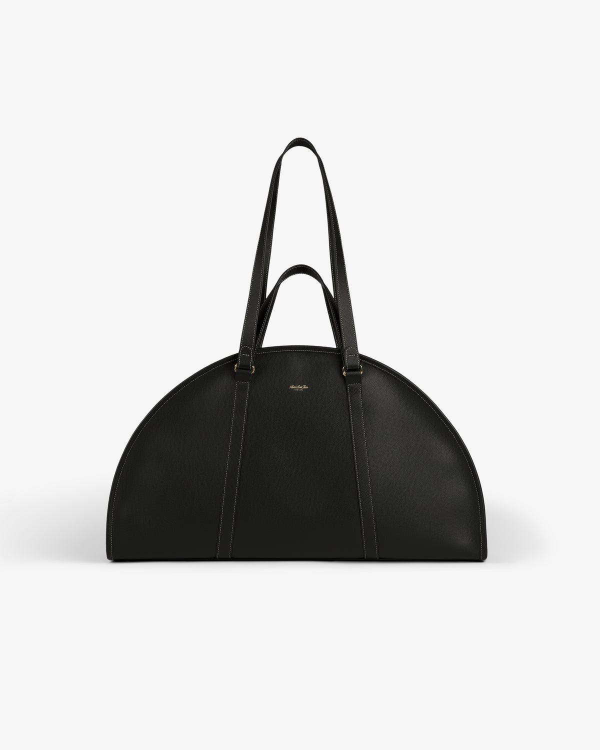 A black Full Grain Leather Weekender Bag with two handles, semi-circular shape, on a plain white background.