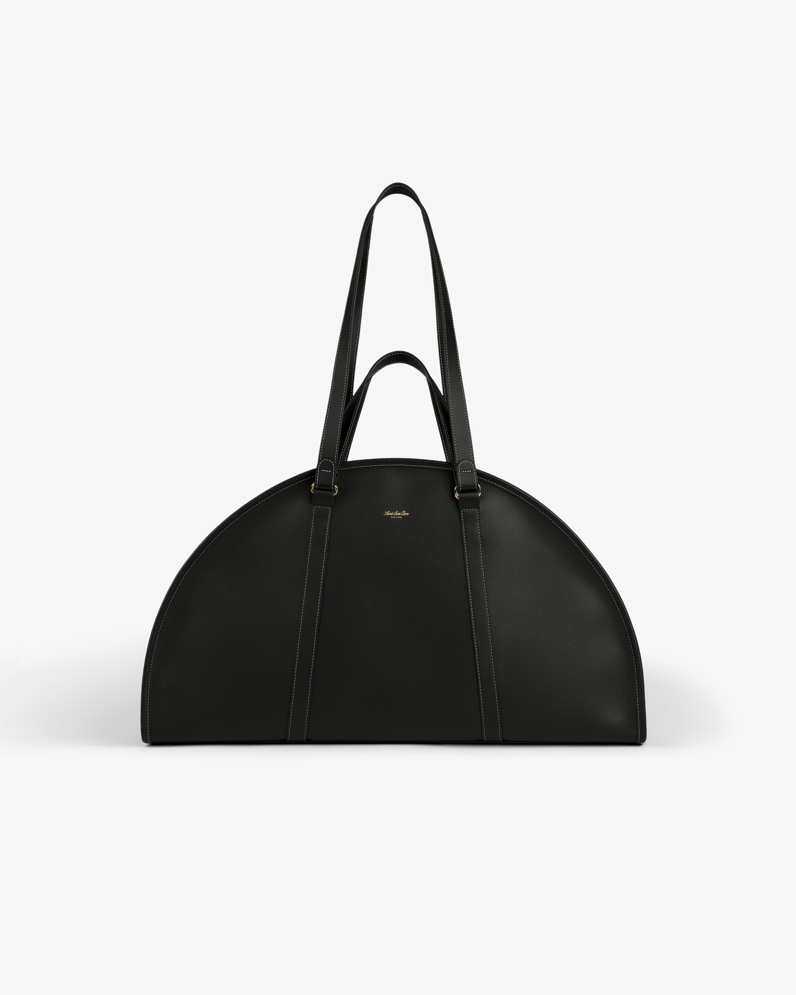 A black Full Grain Leather Weekender Bag with two handles, semi-circular shape, on a plain white background.
