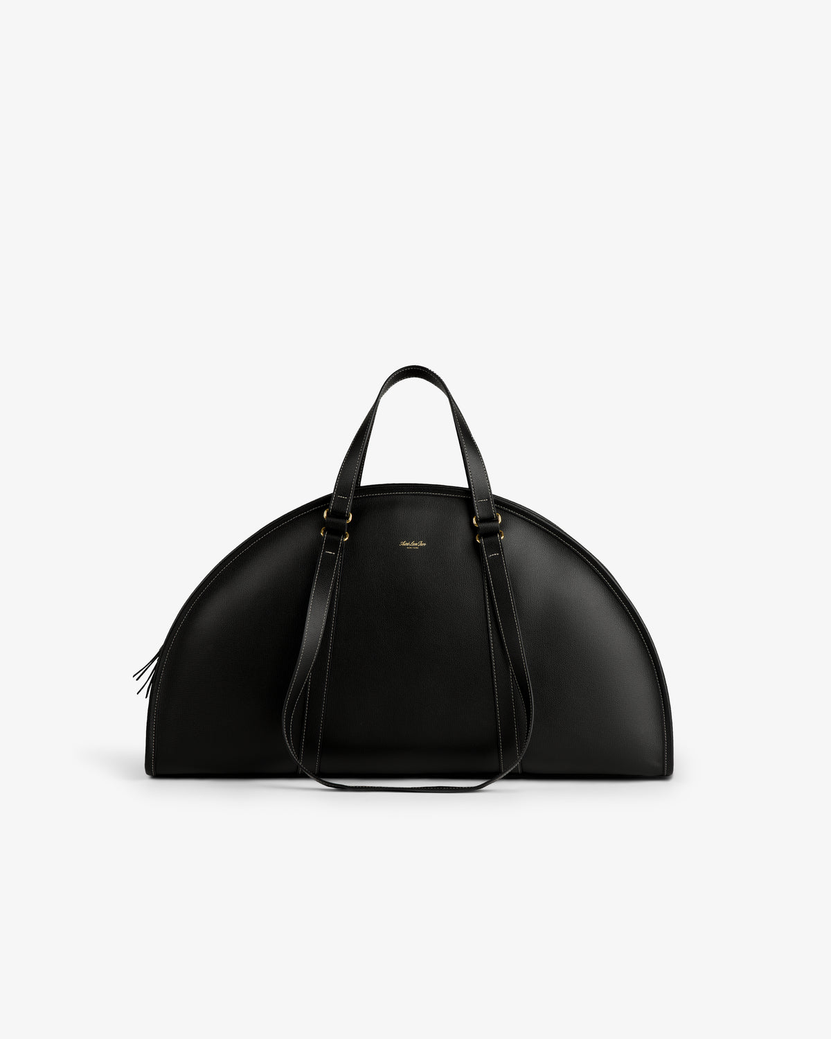 The Full Grain Leather Weekender Bag is black, semi-circular, with two top handles and shoulder straps.