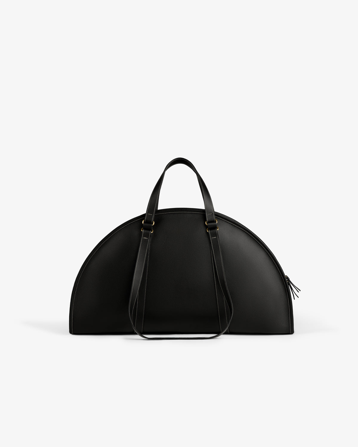 The Full Grain Leather Weekender Bag is black, semi-circular, with double handles and a zipper on a white background.