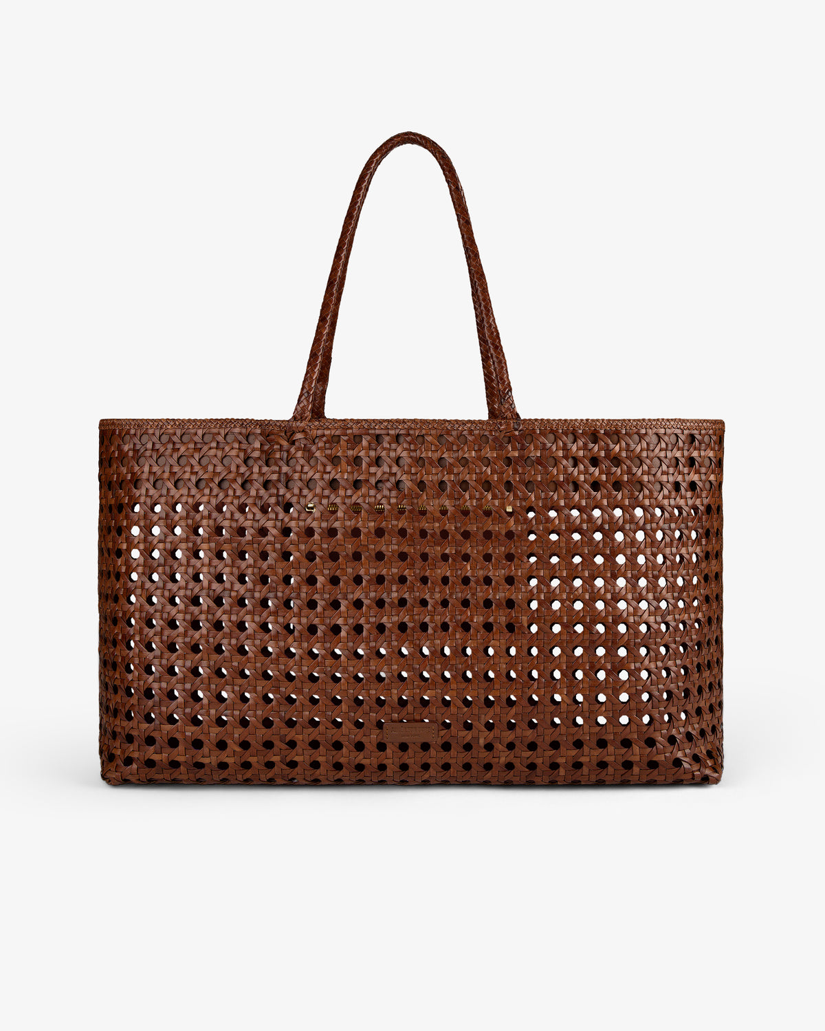 Woven Leather Tote Bag in brown with two handles and a rectangular open-weave leather design.