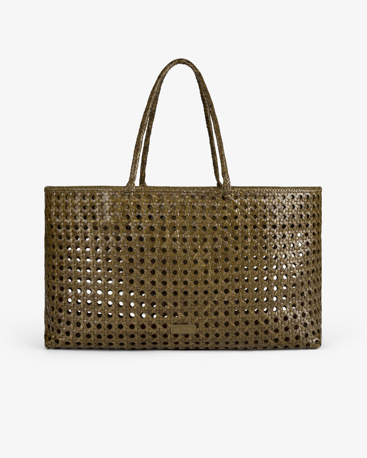 Woven Leather Tote Bag in olive green with double handles and an open lattice design, shown on a white background.