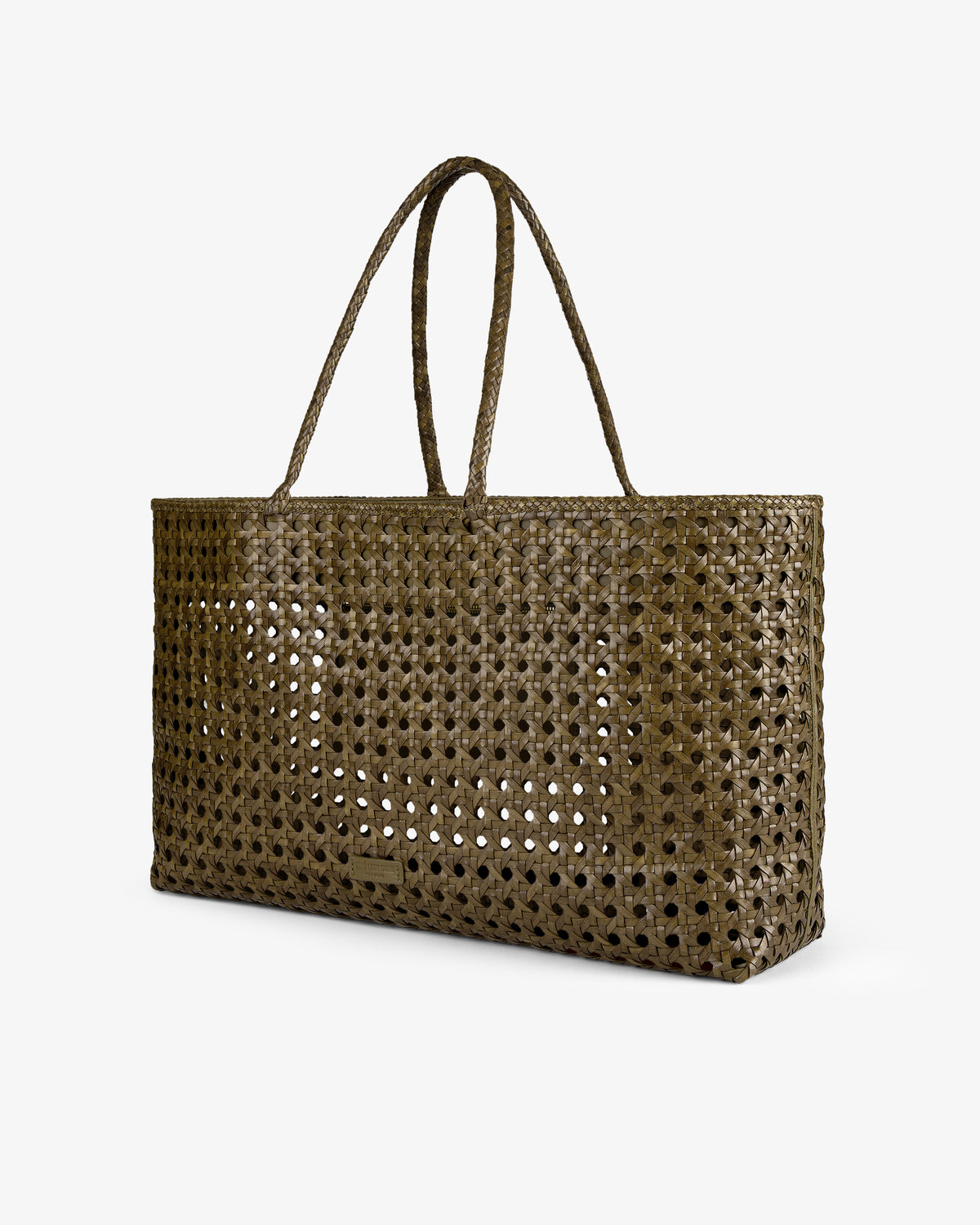 Woven Leather Tote Bag in olive green with double handles and a rectangular shape, shown on a white background.