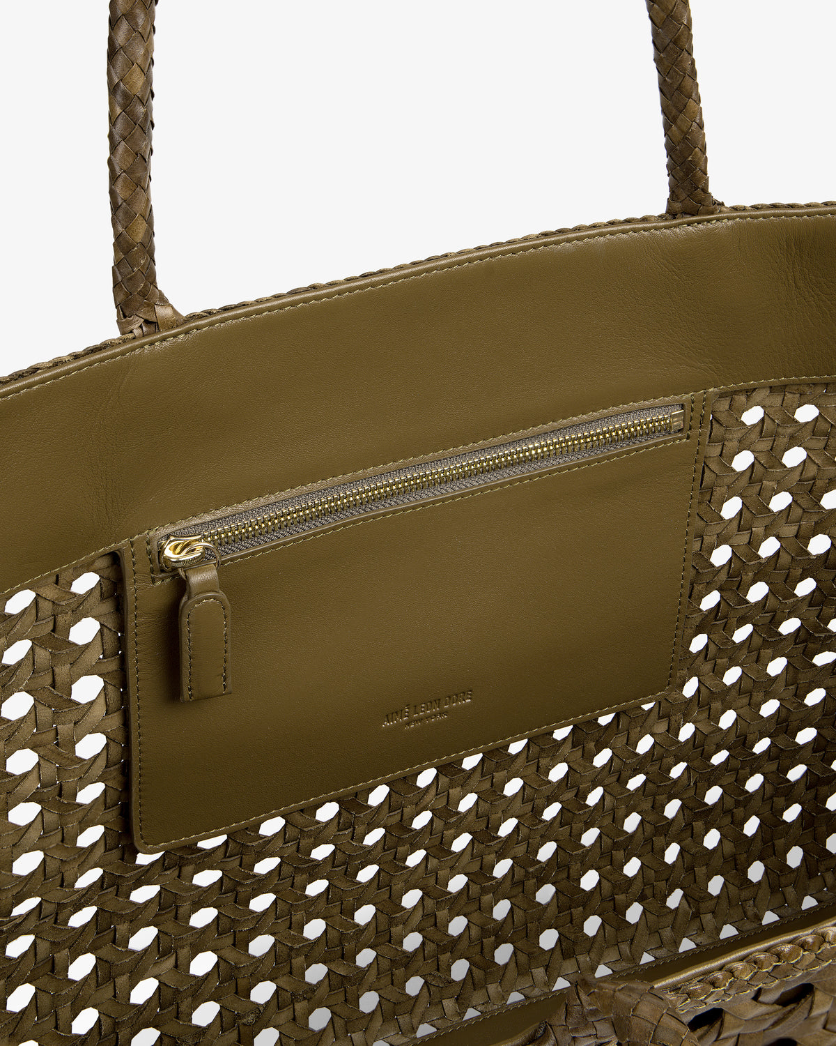 Olive green Woven Leather Tote Bag with leather detailing and an interior zip pocket.