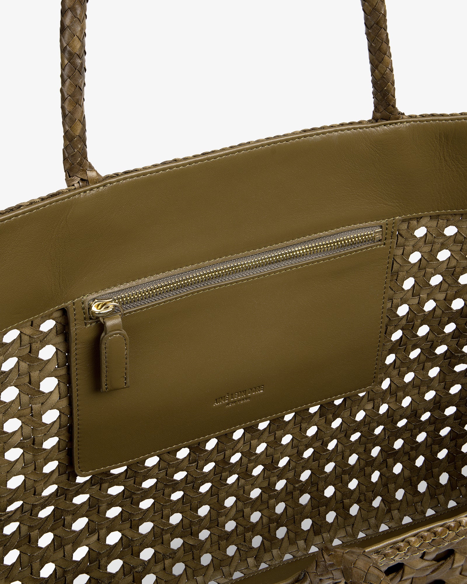 Olive green Woven Leather Tote Bag with leather detailing and an interior zip pocket.