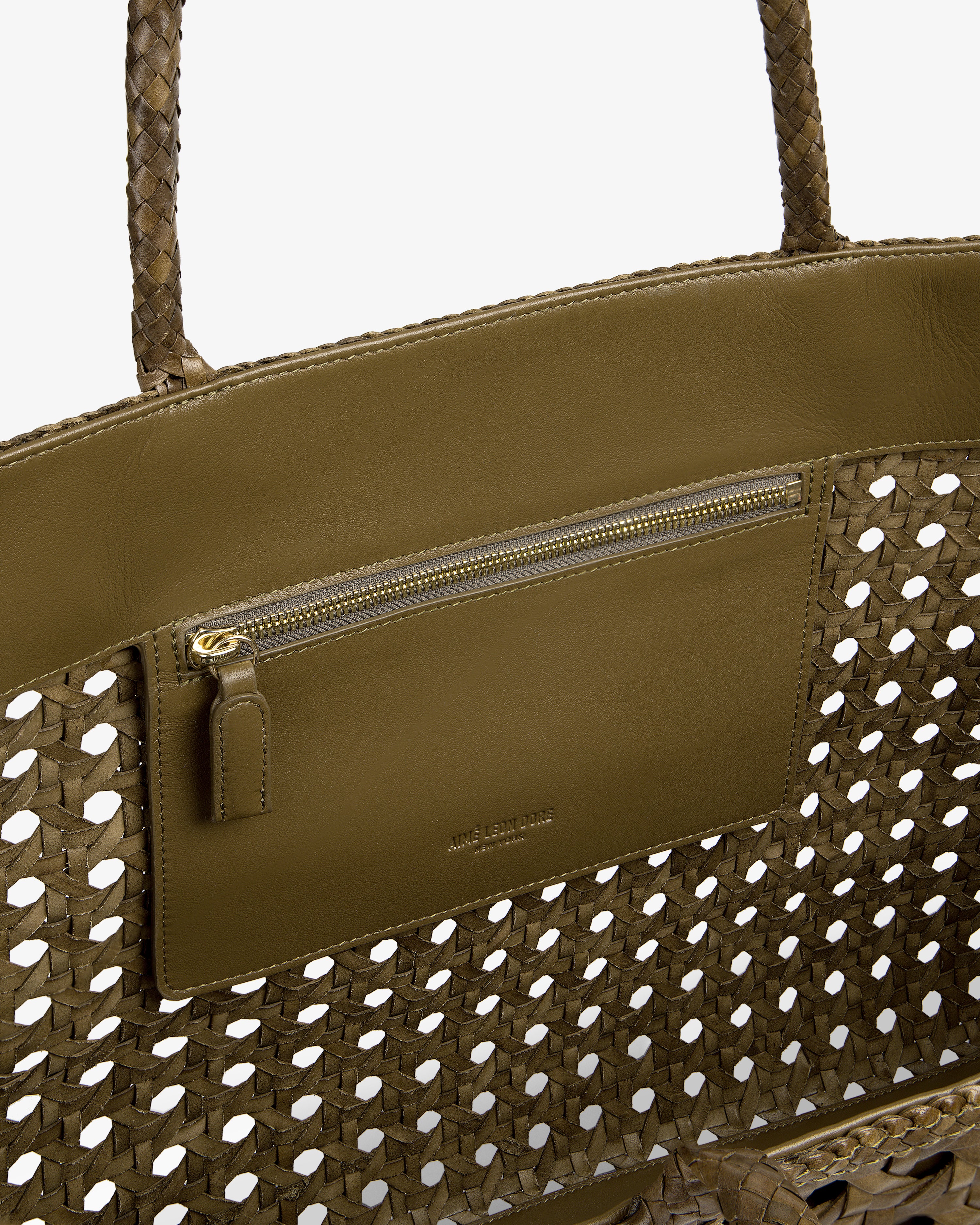 Olive green Woven Leather Tote Bag with leather detailing and an interior zip pocket.