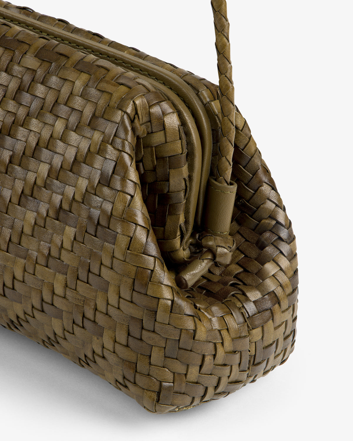 Close-up of the Woven Leather Shoulder Bag with a braided handle, shown against a white background.