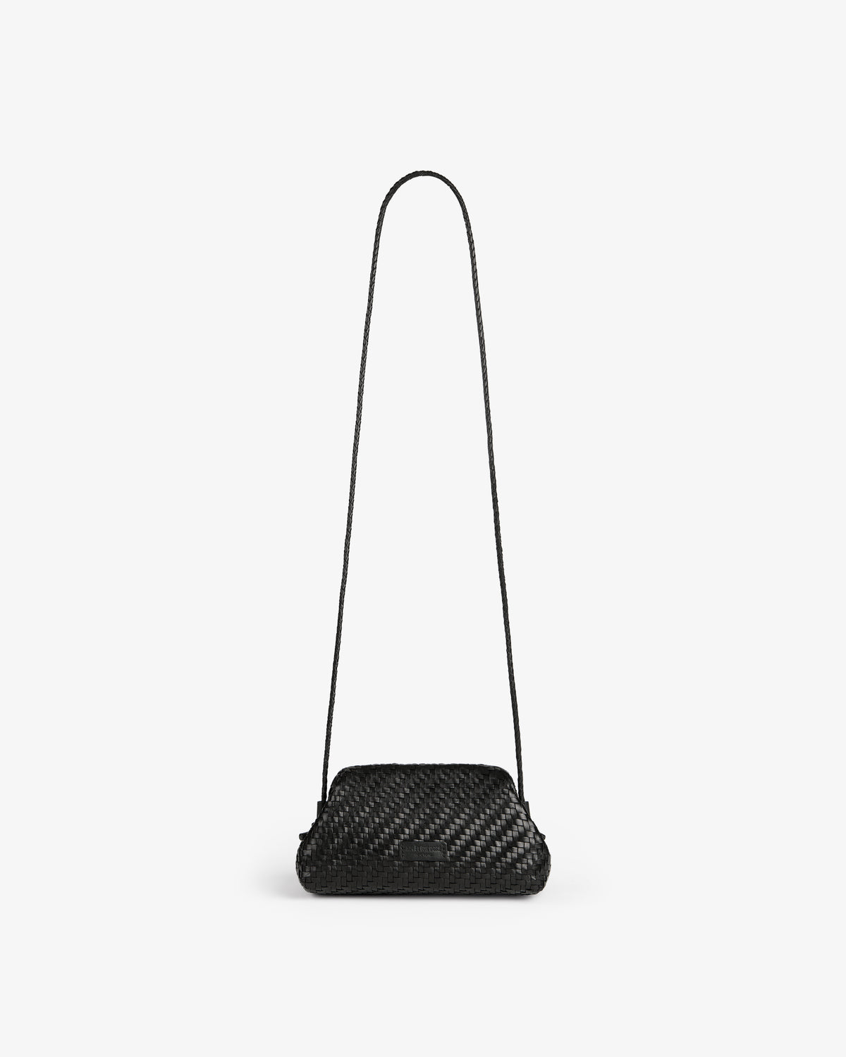 Woven Leather Shoulder Bag in small black design with a long thin strap, shown on a plain white background.