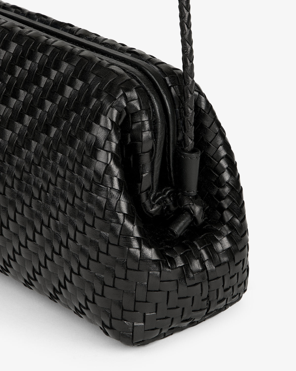 Close-up of the Woven Leather Shoulder Bag in black with a drawstring closure, set against a plain white background.