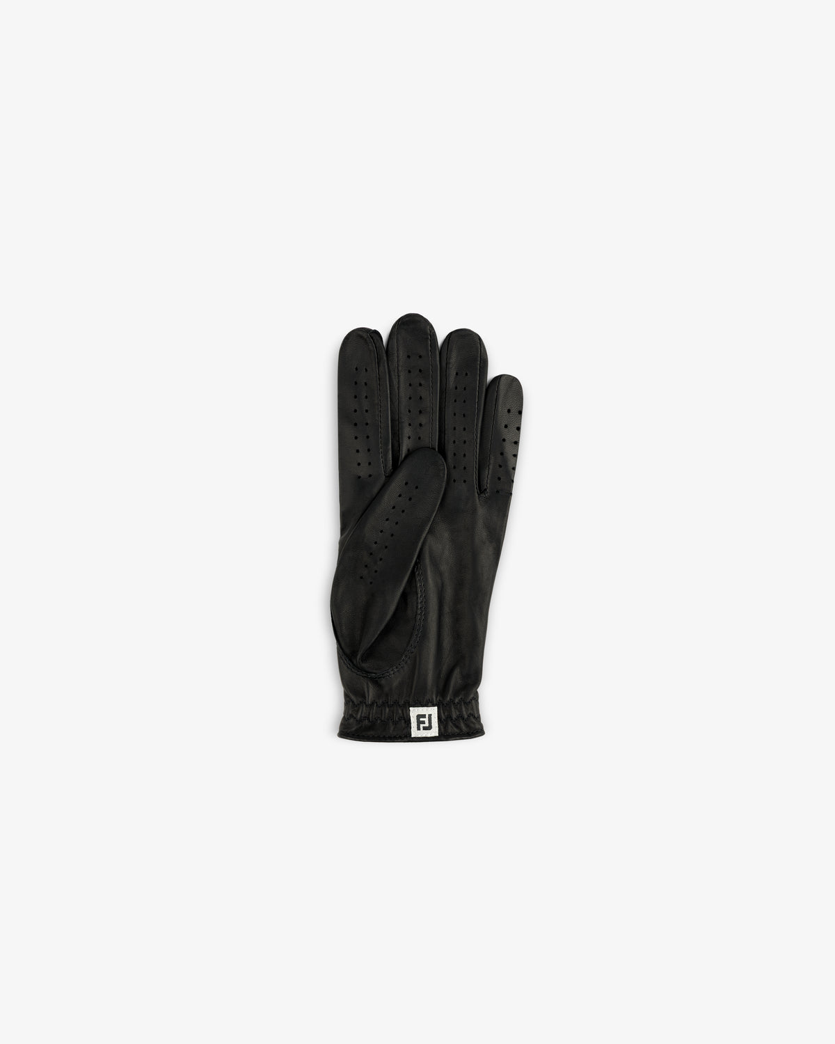 The ALD / FootJoy StaSof Heritage Glove (Left) is black leather with vents and an FJ logo on the wrist.