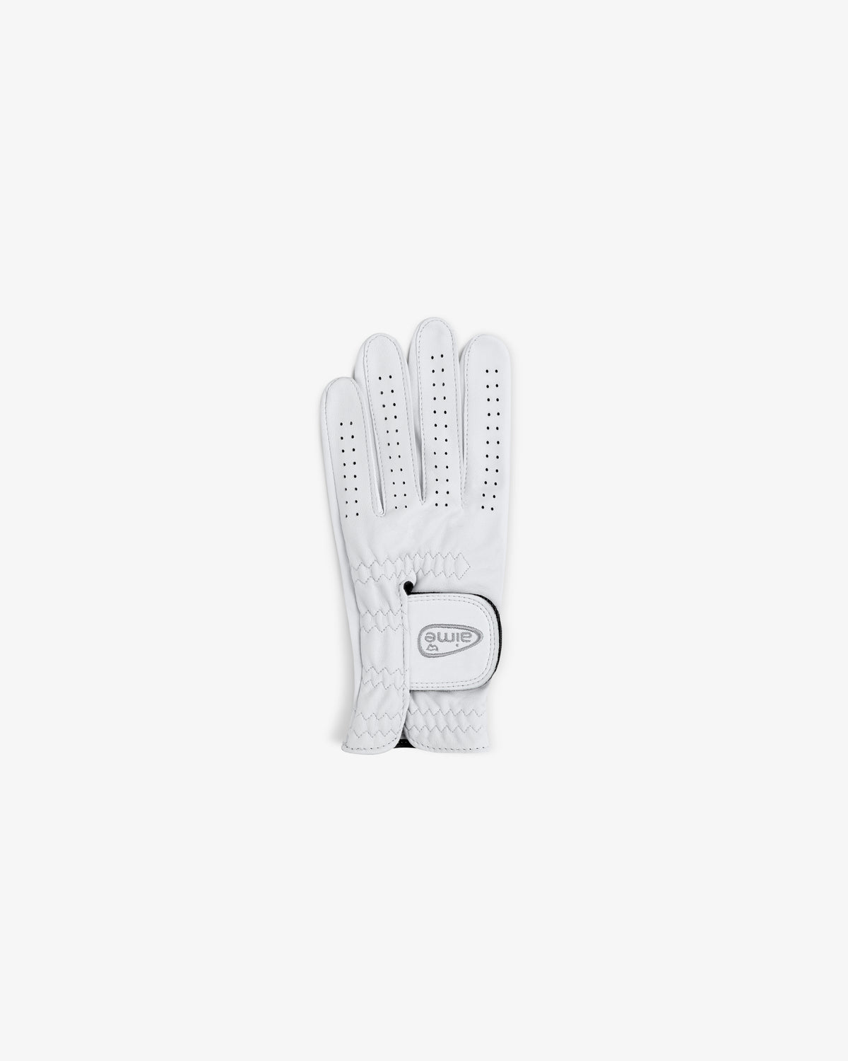 ALD / FootJoy StaSof Heritage Glove (Left), white, palm up with ventilation holes and Velcro closure on white background.