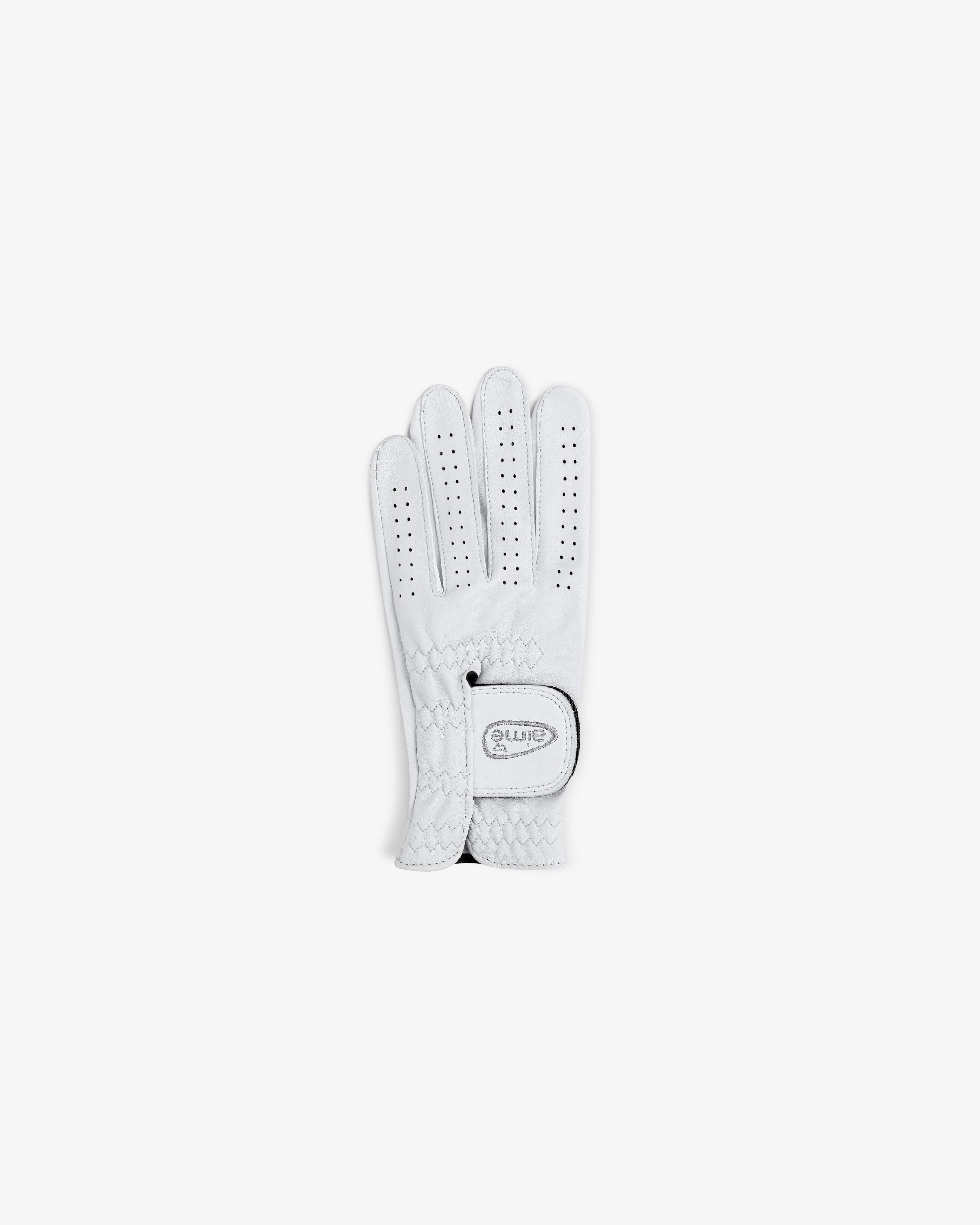ALD / FootJoy StaSof Heritage Glove (Left), white, palm up with ventilation holes and Velcro closure on white background.