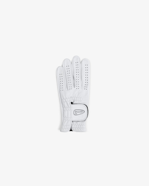 ALD / FootJoy StaSof Heritage Glove (Left), white, palm up with ventilation holes and Velcro closure on white background.