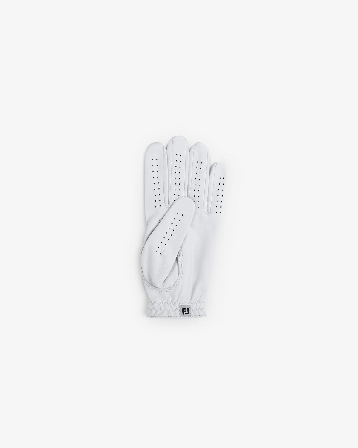 The ALD / FootJoy StaSof Heritage Glove (Left), white with perforations, is shown palm up on a white background.