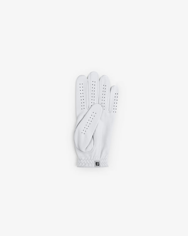 The ALD / FootJoy StaSof Heritage Glove (Left), white with perforations, is shown palm up on a white background.
