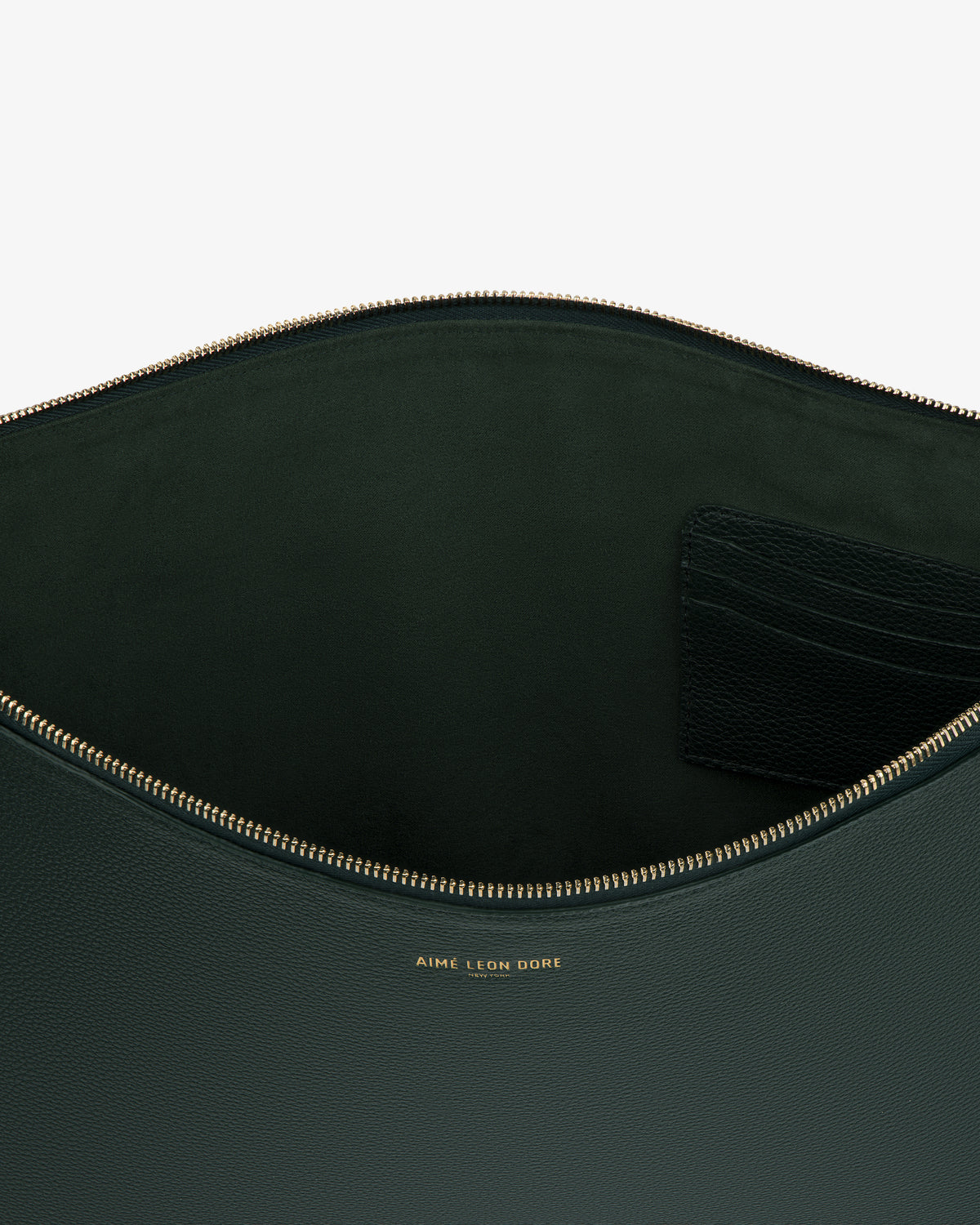 Large Leather Pouch in dark green leather with gold zipper, interior pocket, and gold Aime Leon Dore logo.
