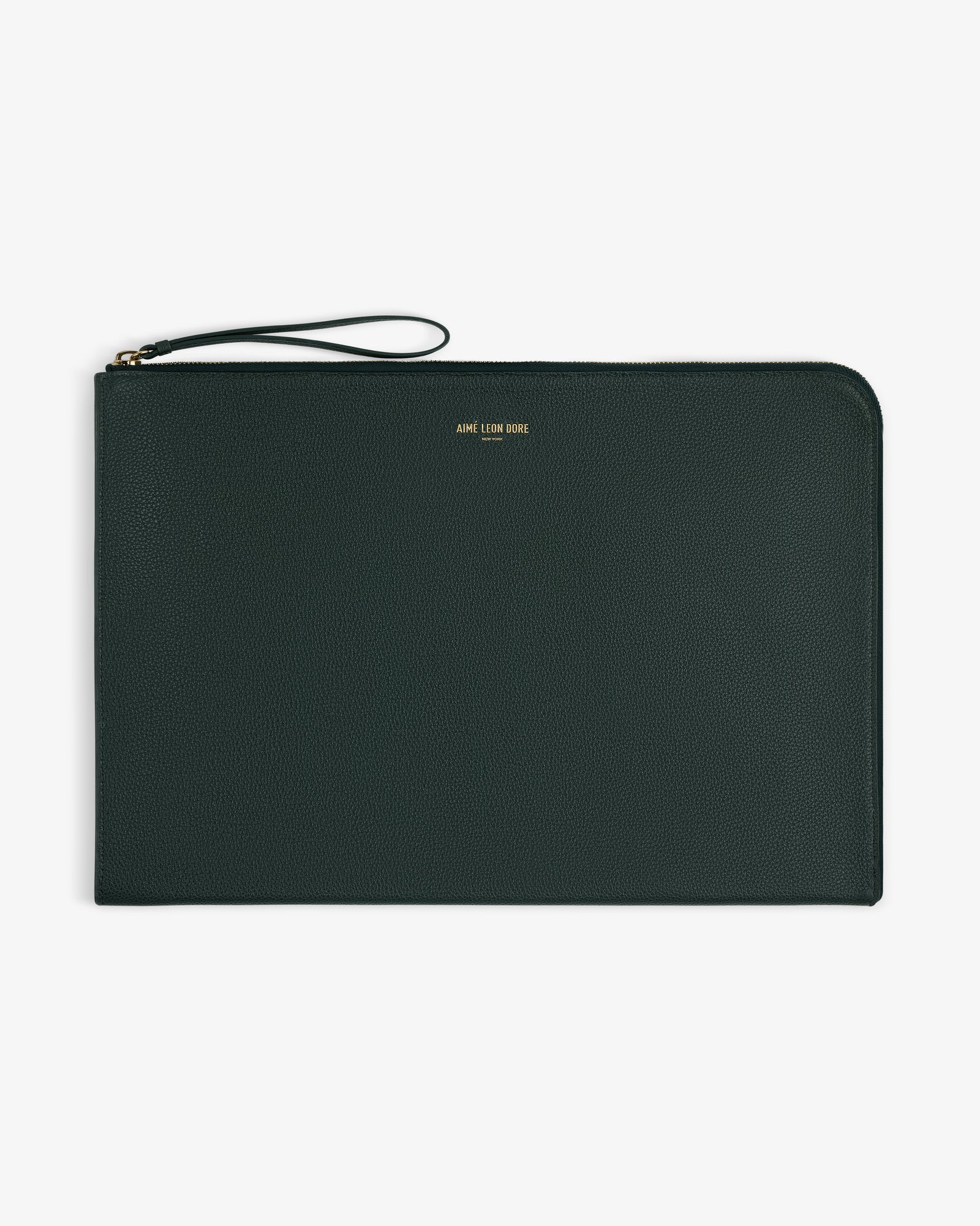 Large Leather Pouch in dark green leather with zip, wrist strap, and AIME LEON DORE gold text at center.
