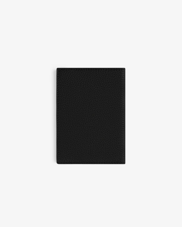 A closed Leather Passport Holder in black leather shown against a plain white background.