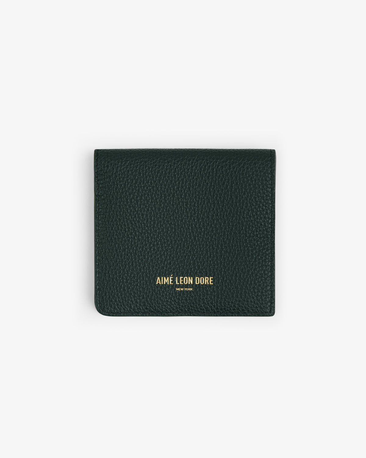 Dark green Leather Bi-Fold Wallet with gold Aimé Leon Dore branding on the front, shown on a white background.
