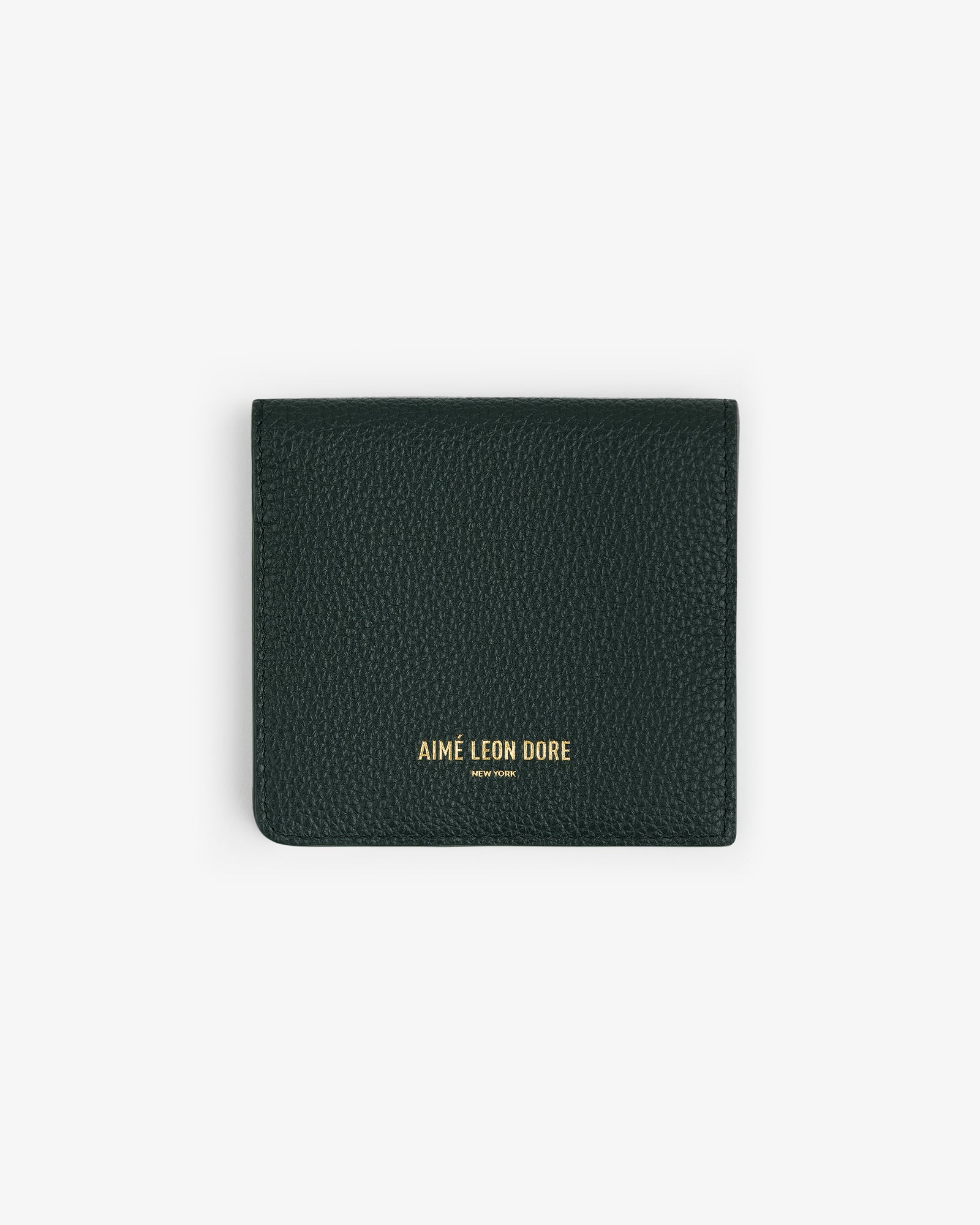 Dark green Leather Bi-Fold Wallet with gold Aimé Leon Dore branding on the front, shown on a white background.
