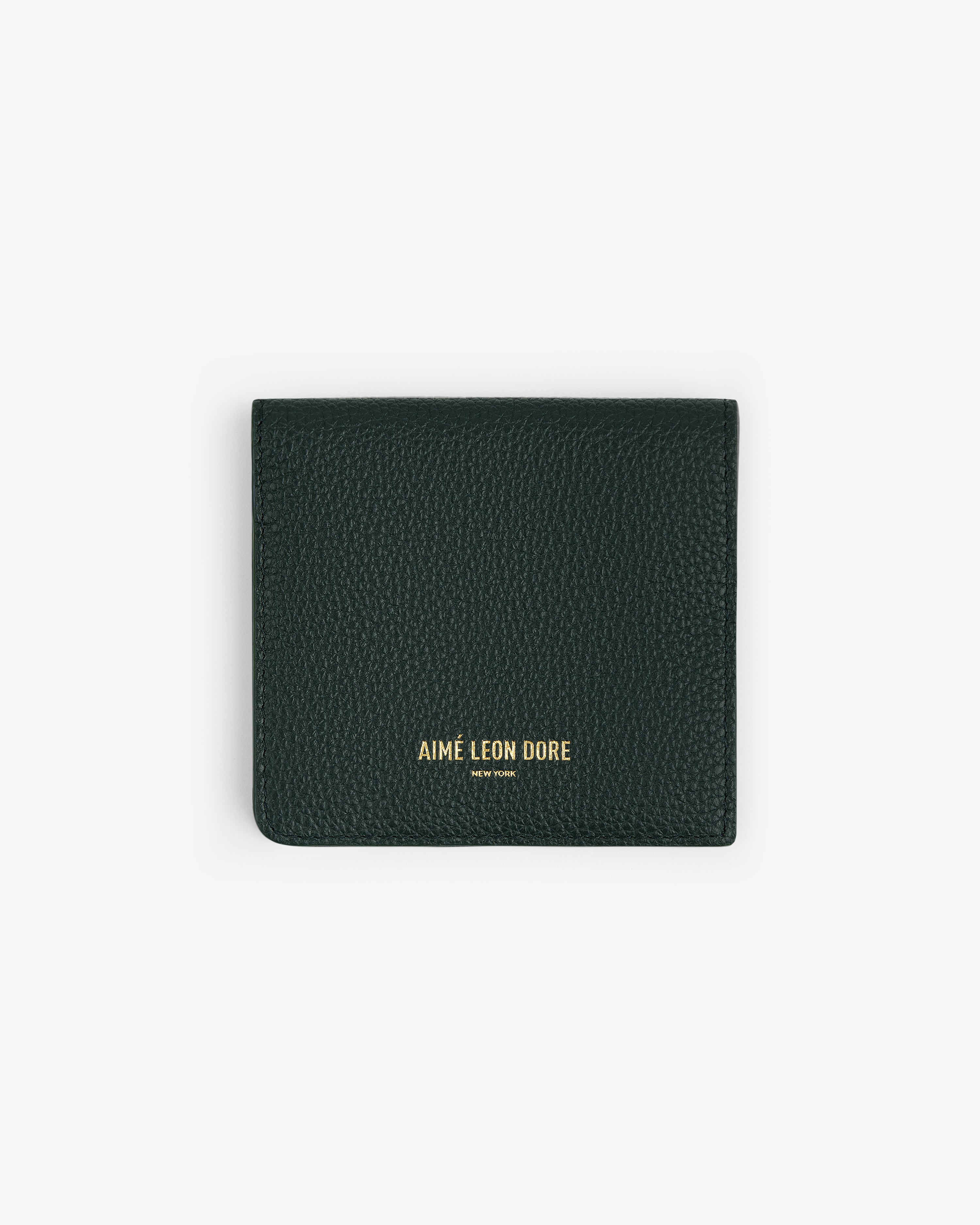 Dark green Leather Bi-Fold Wallet with gold Aimé Leon Dore branding on the front, shown on a white background.