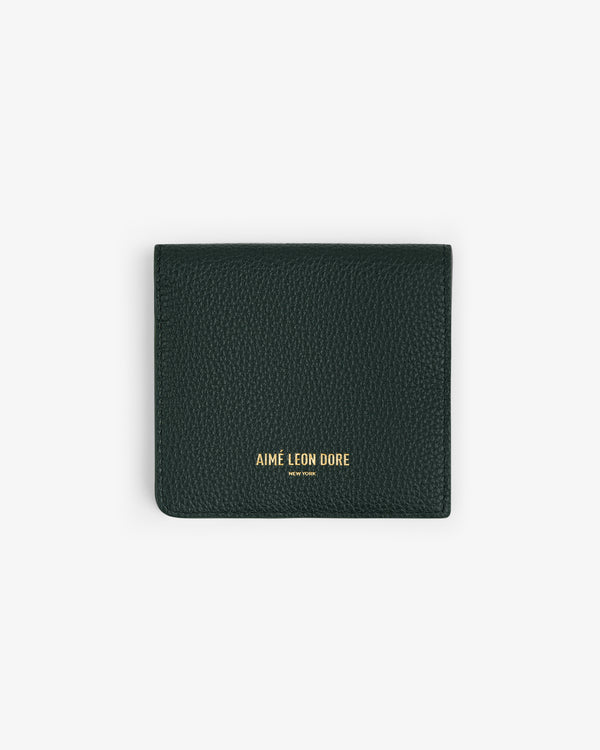 Dark green Leather Bi-Fold Wallet with gold Aimé Leon Dore branding on the front, shown on a white background.