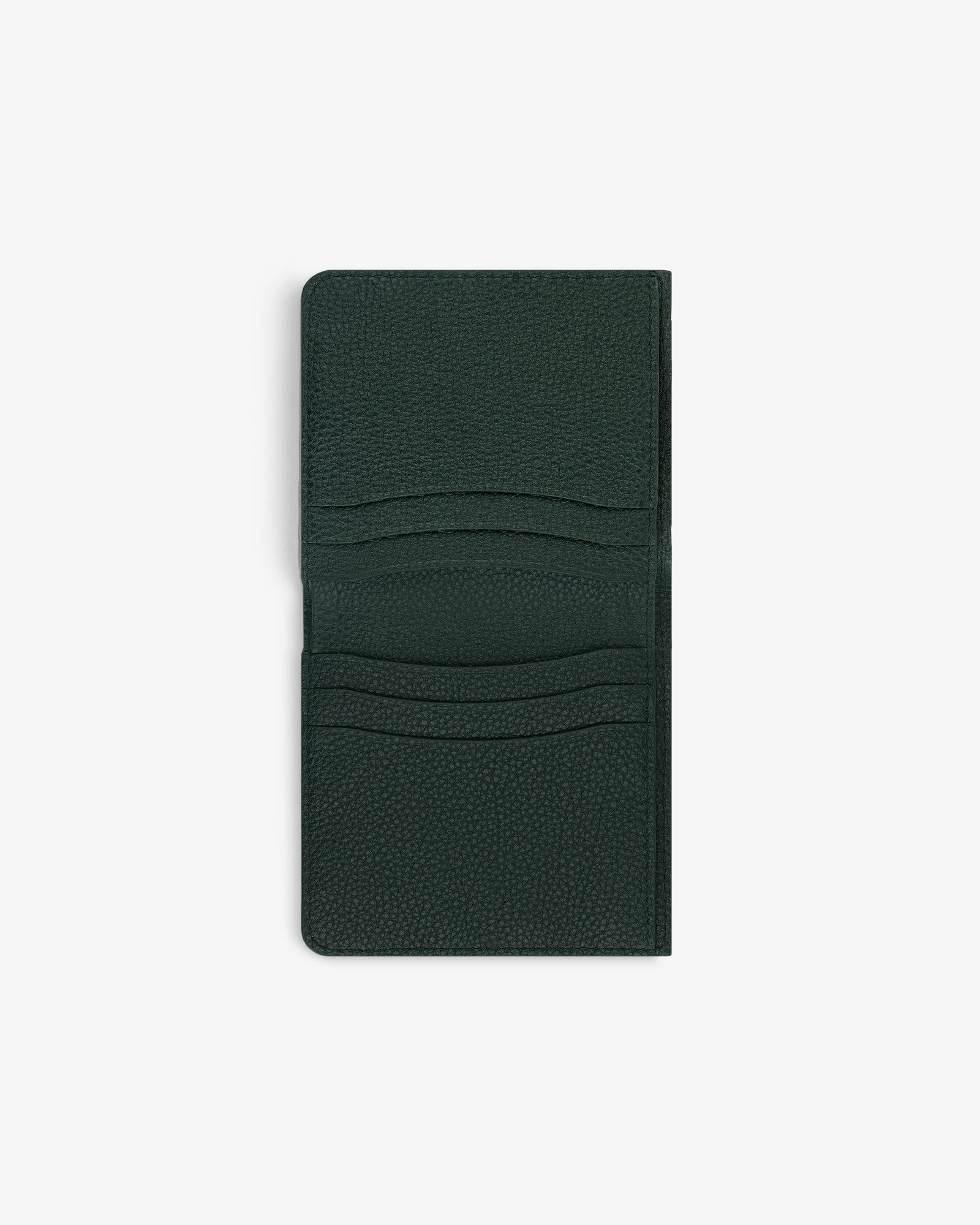 Dark green Leather Bi-Fold Wallet open on white, showing four card slots.
