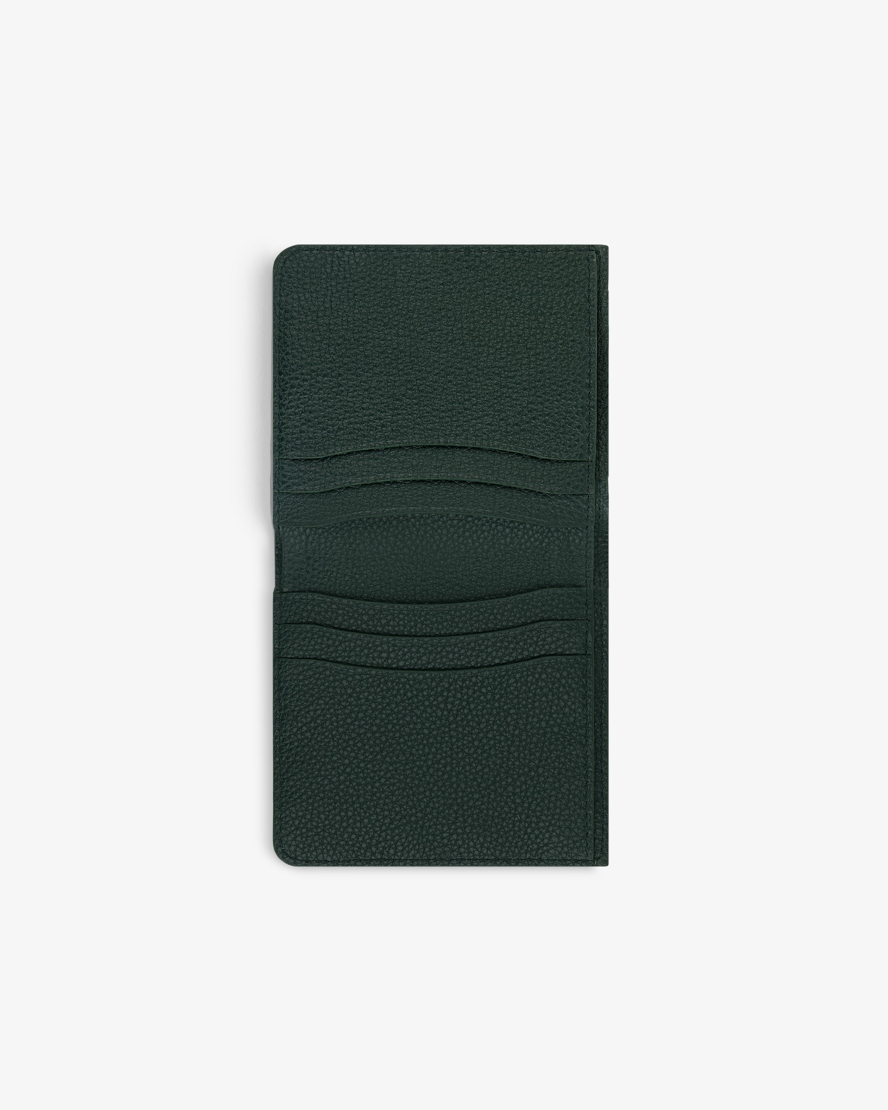 Dark green Leather Bi-Fold Wallet open on white, showing four card slots.