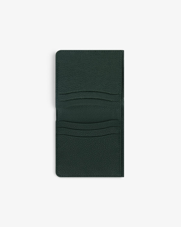 Dark green Leather Bi-Fold Wallet open on white, showing four card slots.