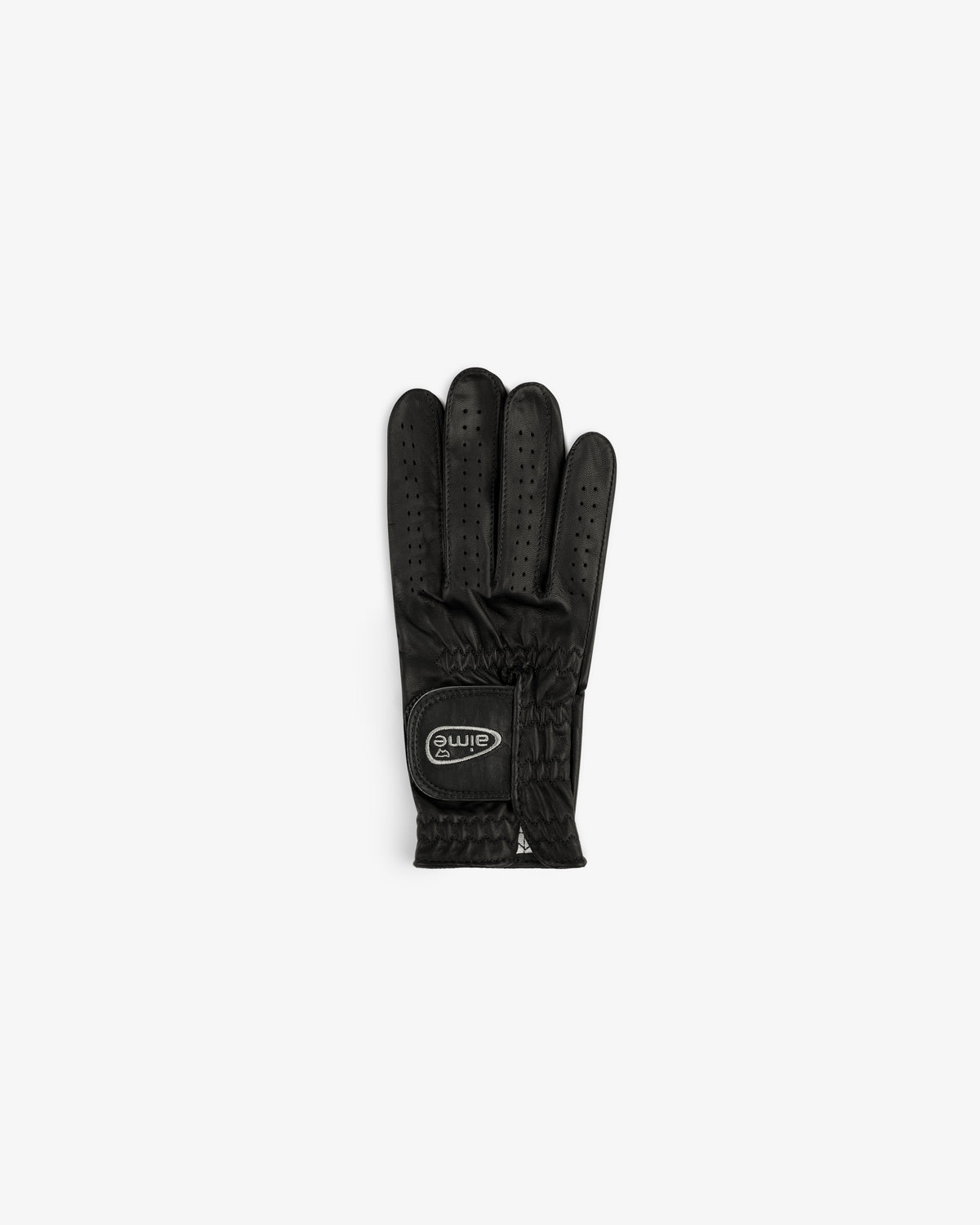 The ALD / FootJoy StaSof Heritage Glove (Right) in black leather features perforated fingers and a stitched wrist logo.