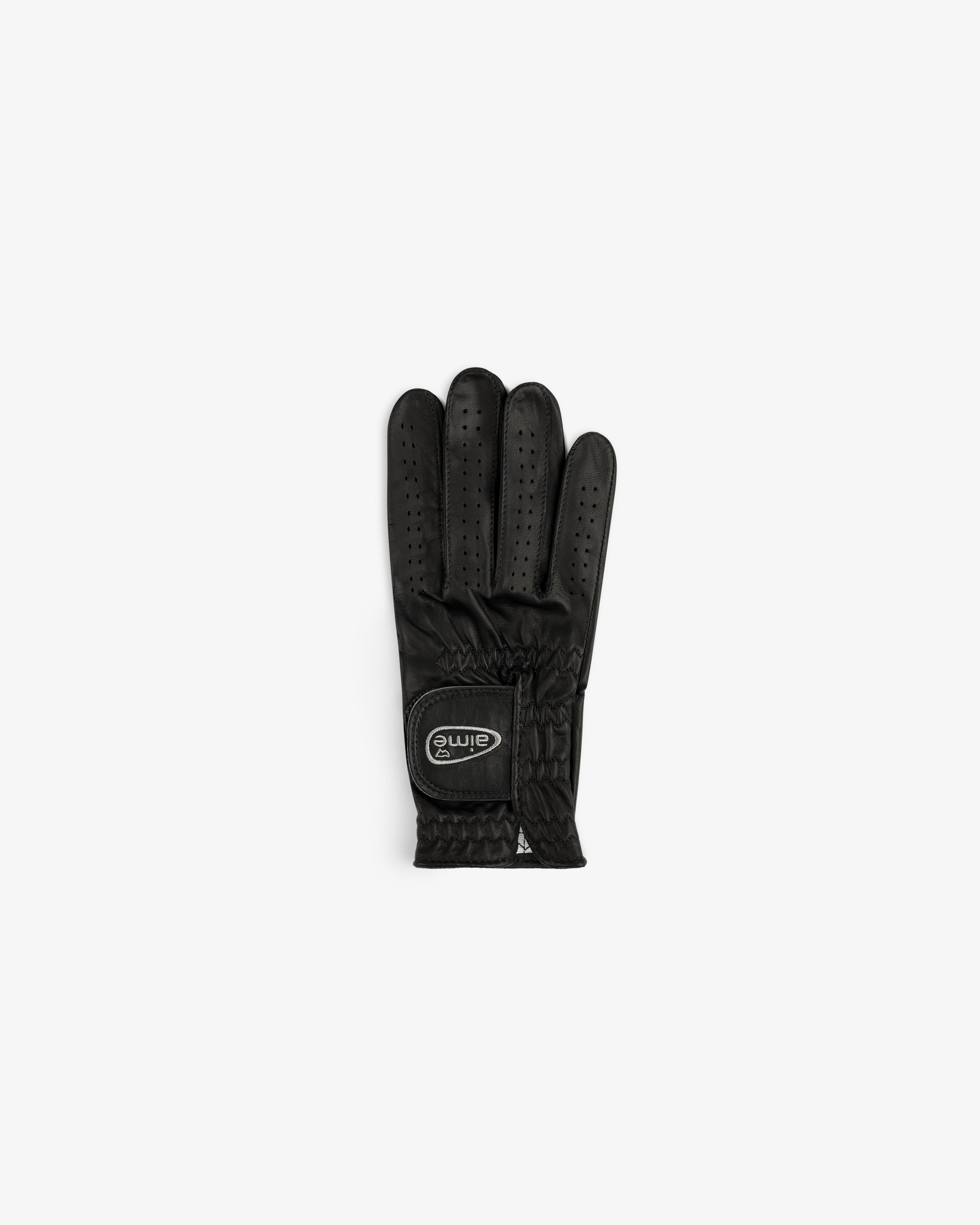 The ALD / FootJoy StaSof Heritage Glove (Right) in black leather features perforated fingers and a stitched wrist logo.