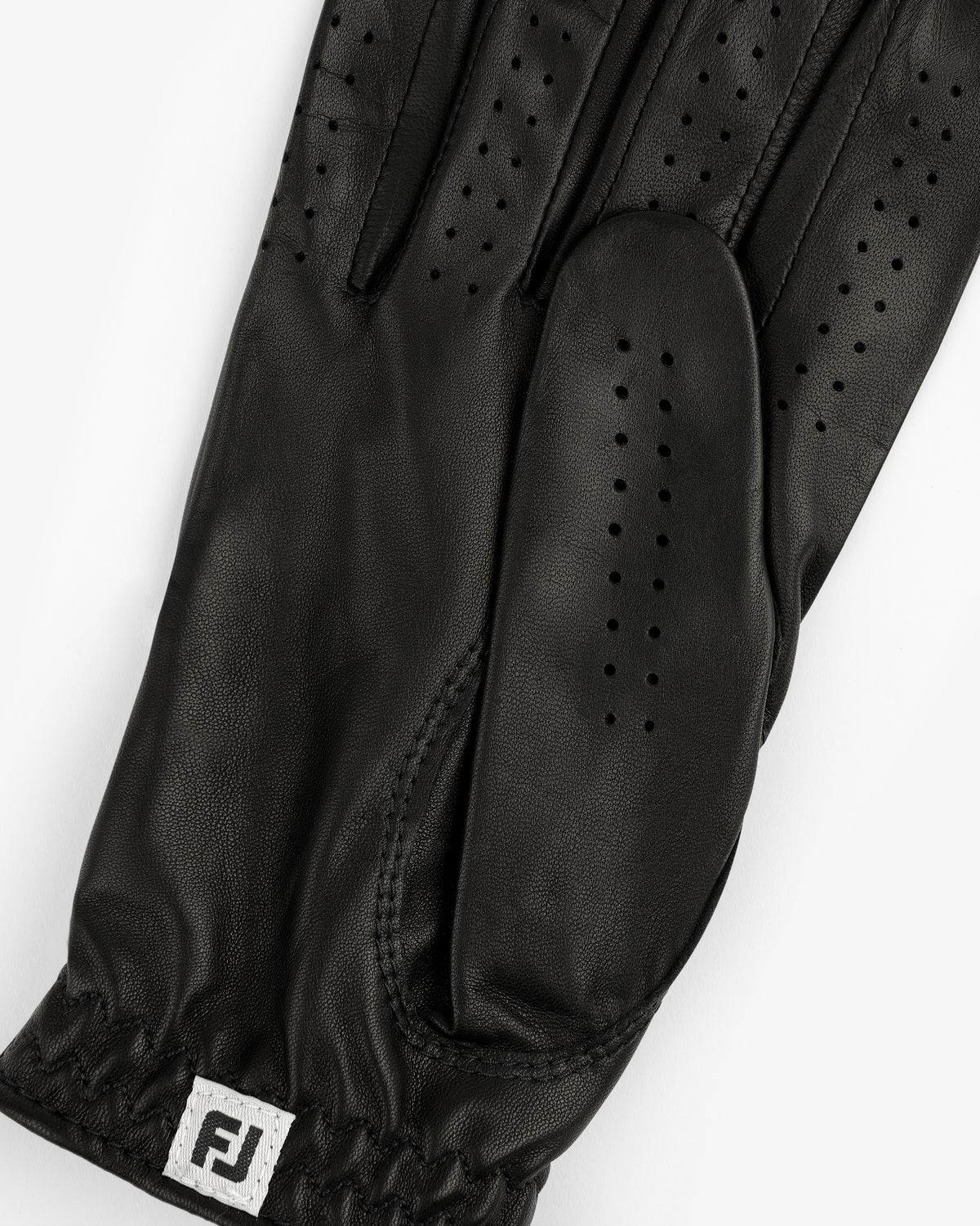 ALD / FootJoy StaSof Heritage Glove (Right): black leather with ventilation, elastic wrist, FJ logo on cuff.